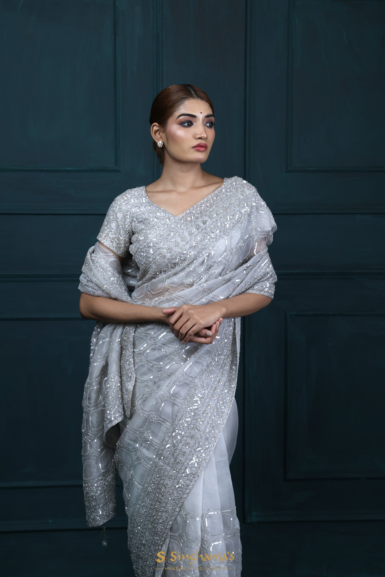 Silvery White Organza Designer Saree With Hand Embroidery