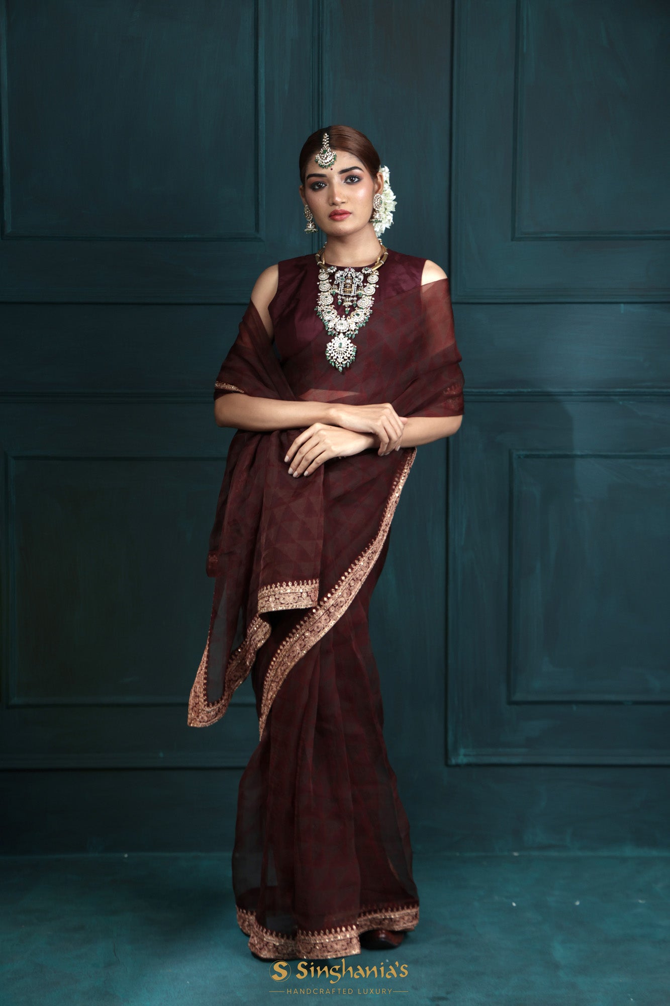 Burnt Maroon Organza Printed Designer Saree