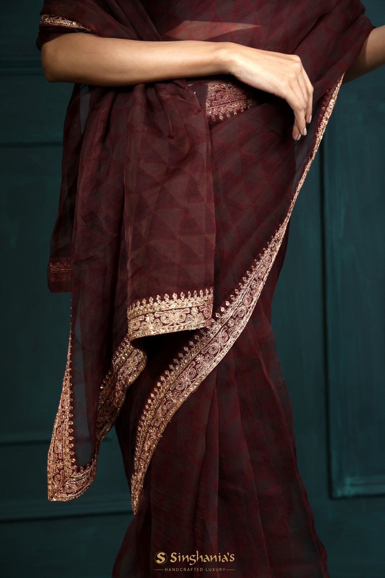 Burnt Maroon Organza Printed Designer Saree