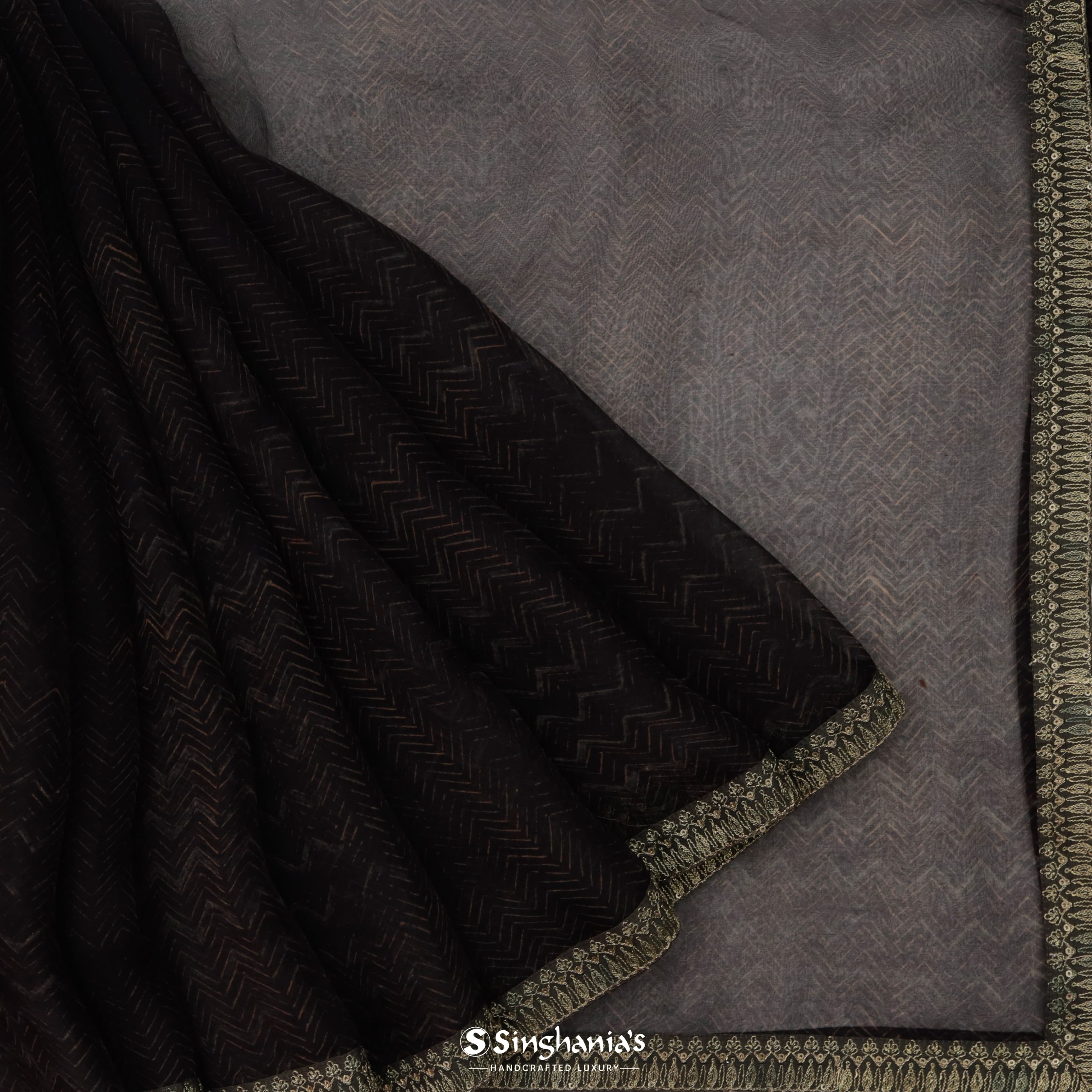 Pitch Black Organza Embroidery Saree With Stripes Pattern