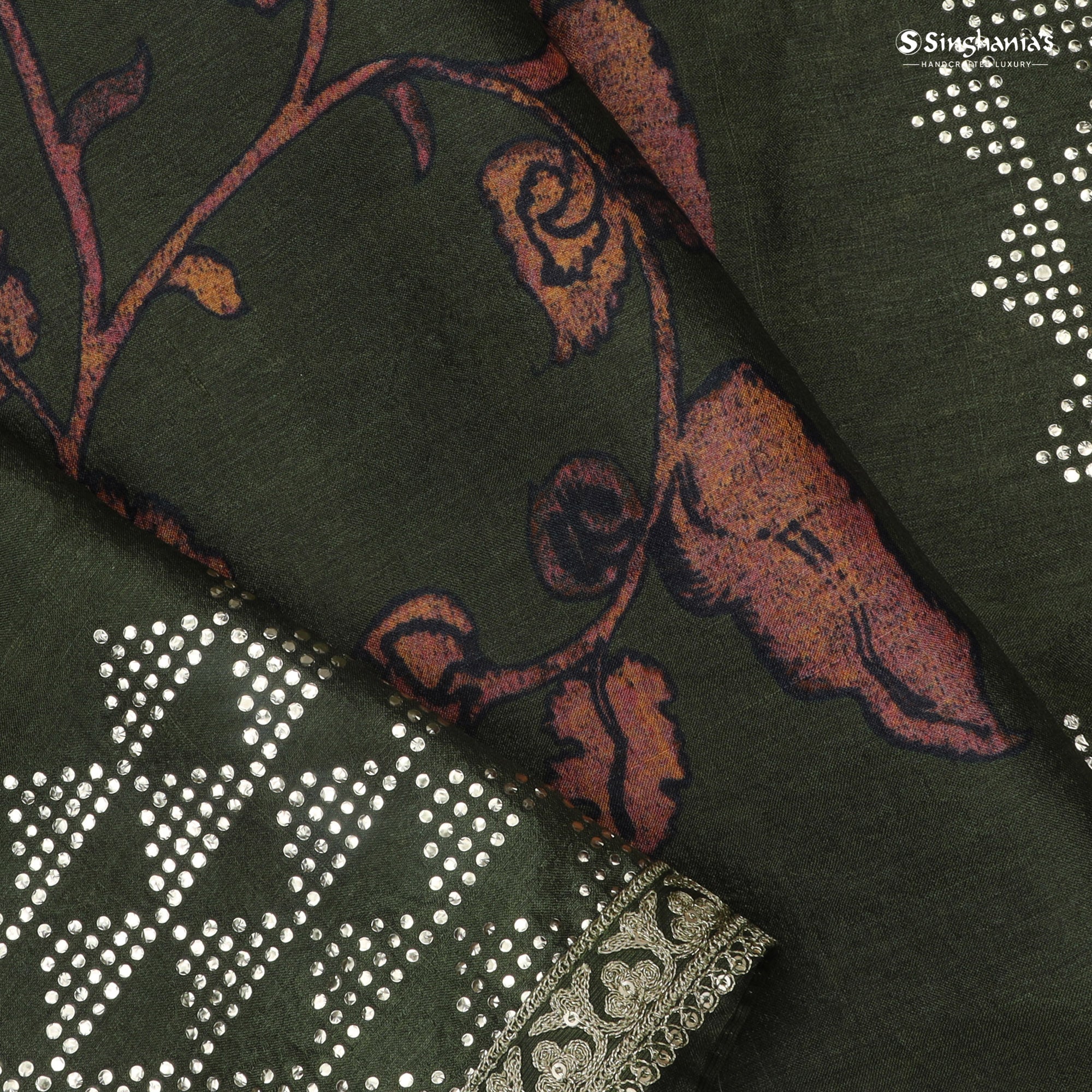 Dark Green Printed Tussar Saree With Mukaish Design