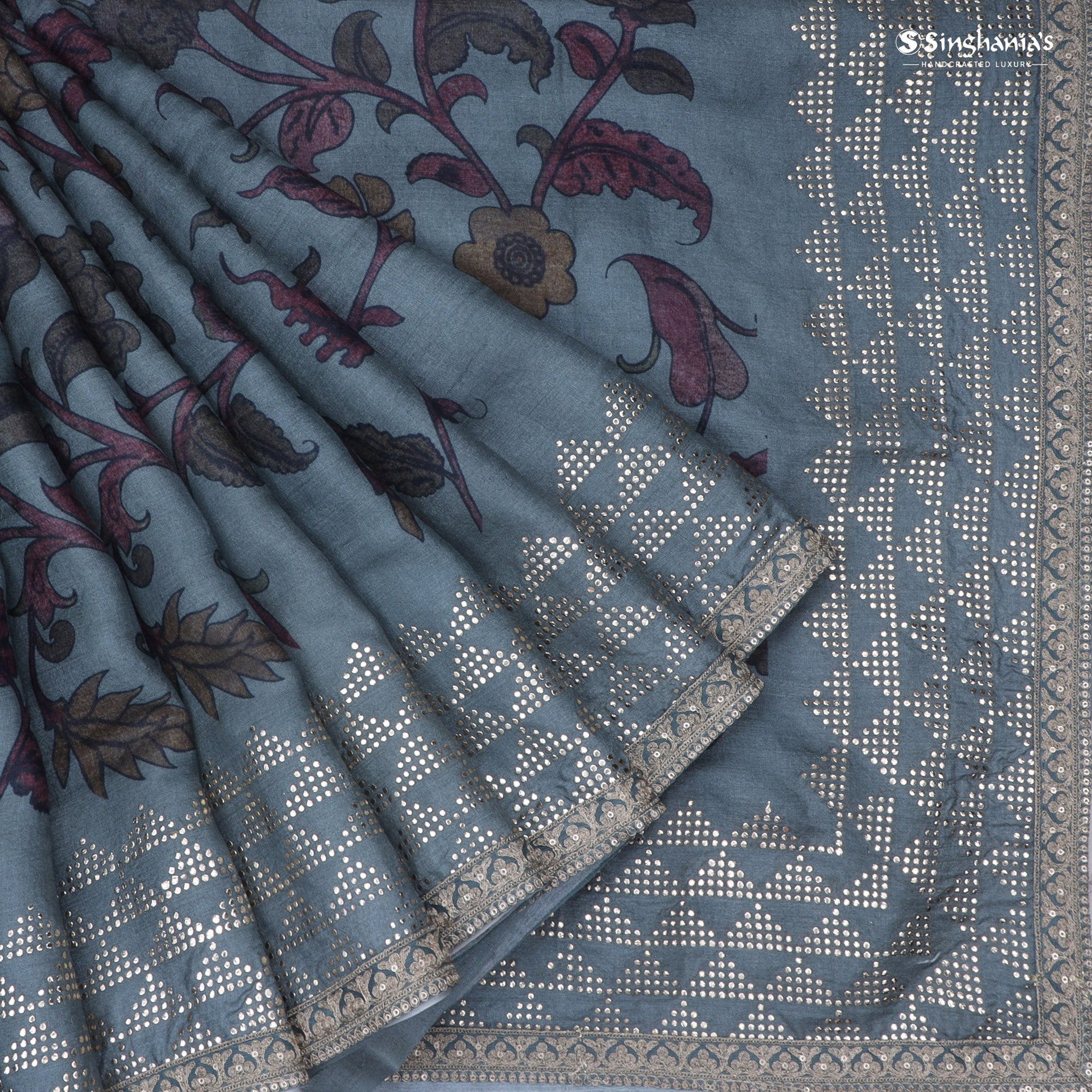 Ice Blue Printed Tussar Saree With Mukaish Design