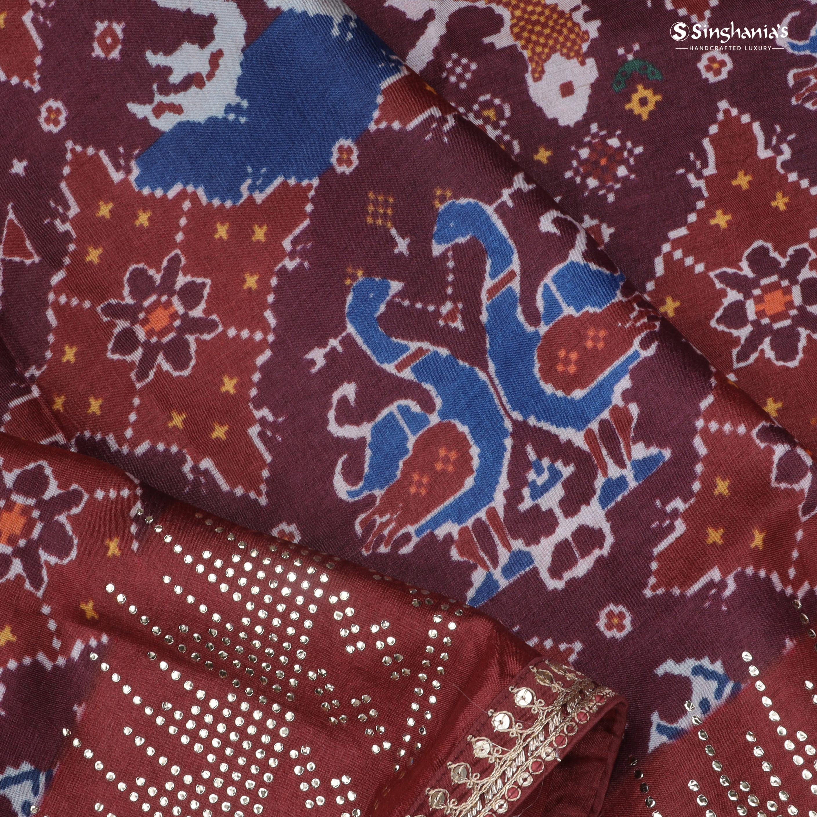 Dark Maroon Printed Tussar Saree With Sequin Embroidery