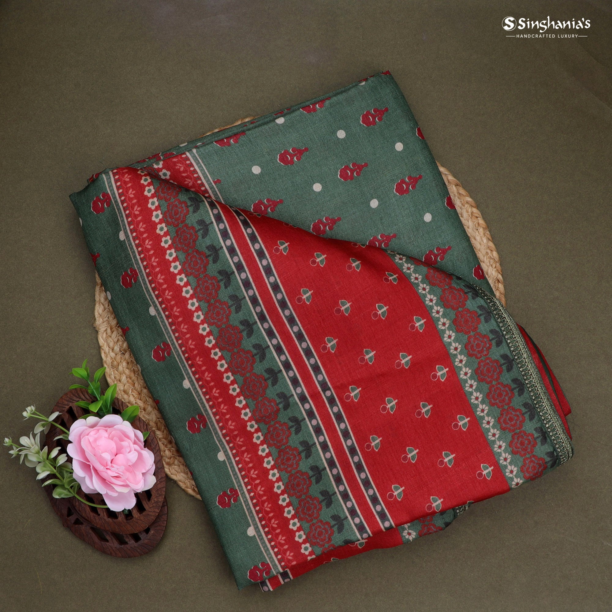 Dark Green Tussar Saree With Floral Motifs