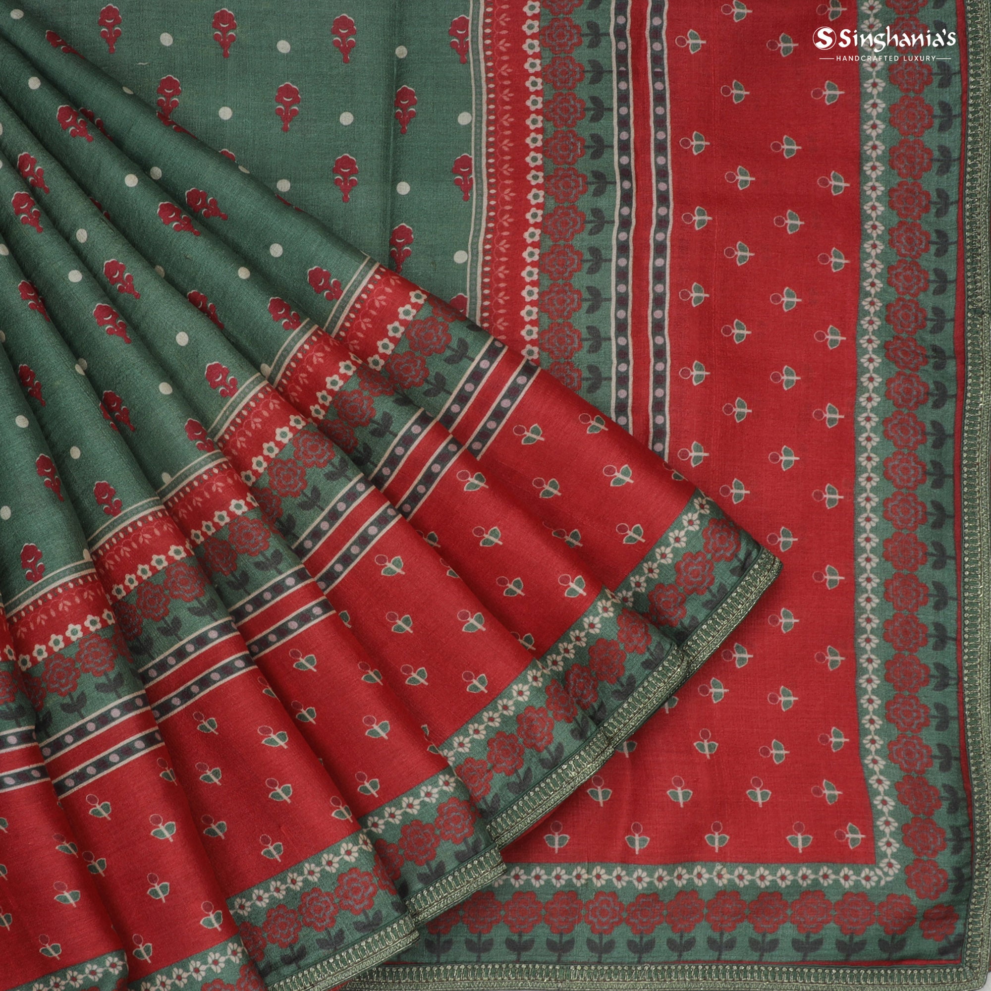 Dark Green Tussar Saree With Floral Motifs