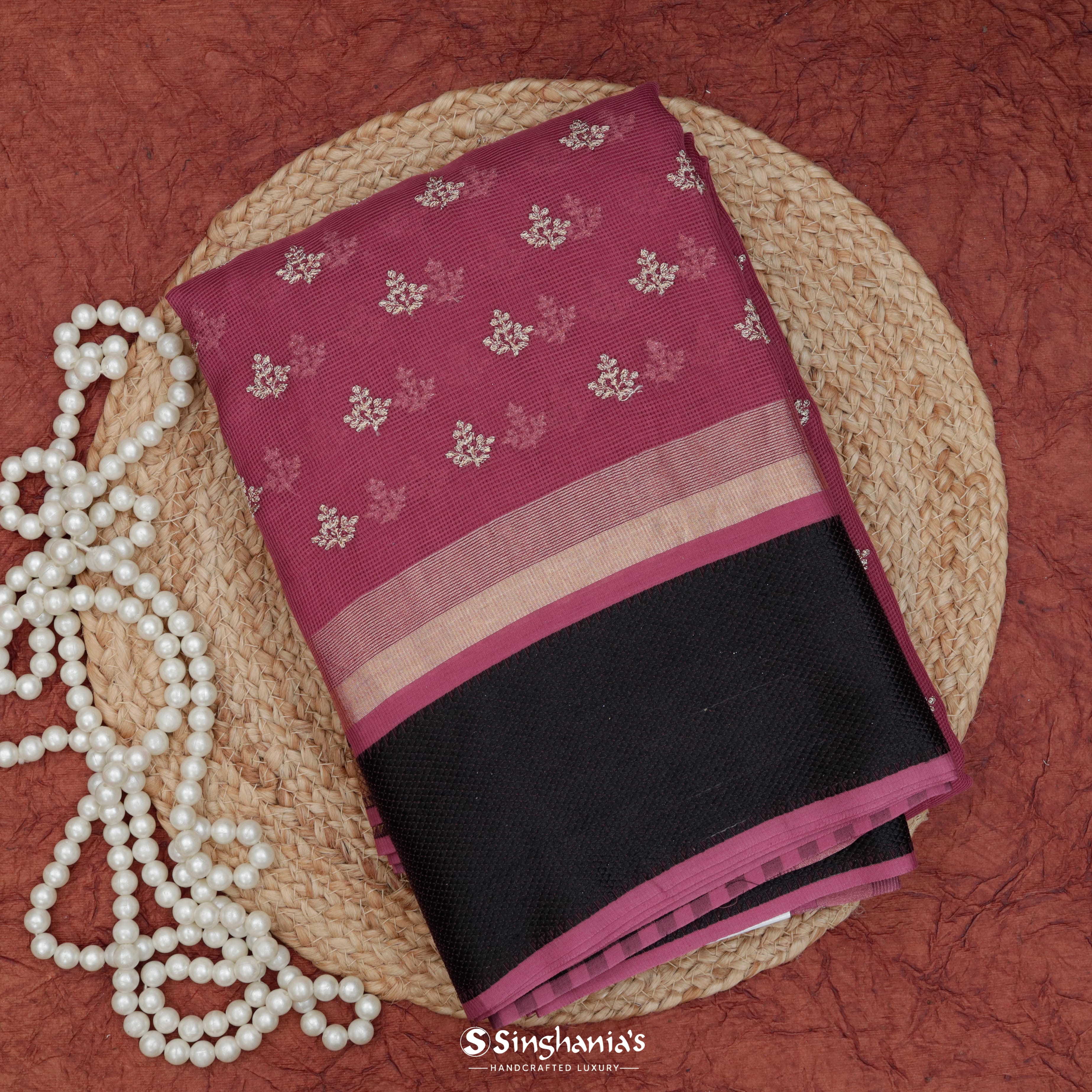 Garnet Red Chanderi Embroidery Saree With Floral Embroidery Motifs