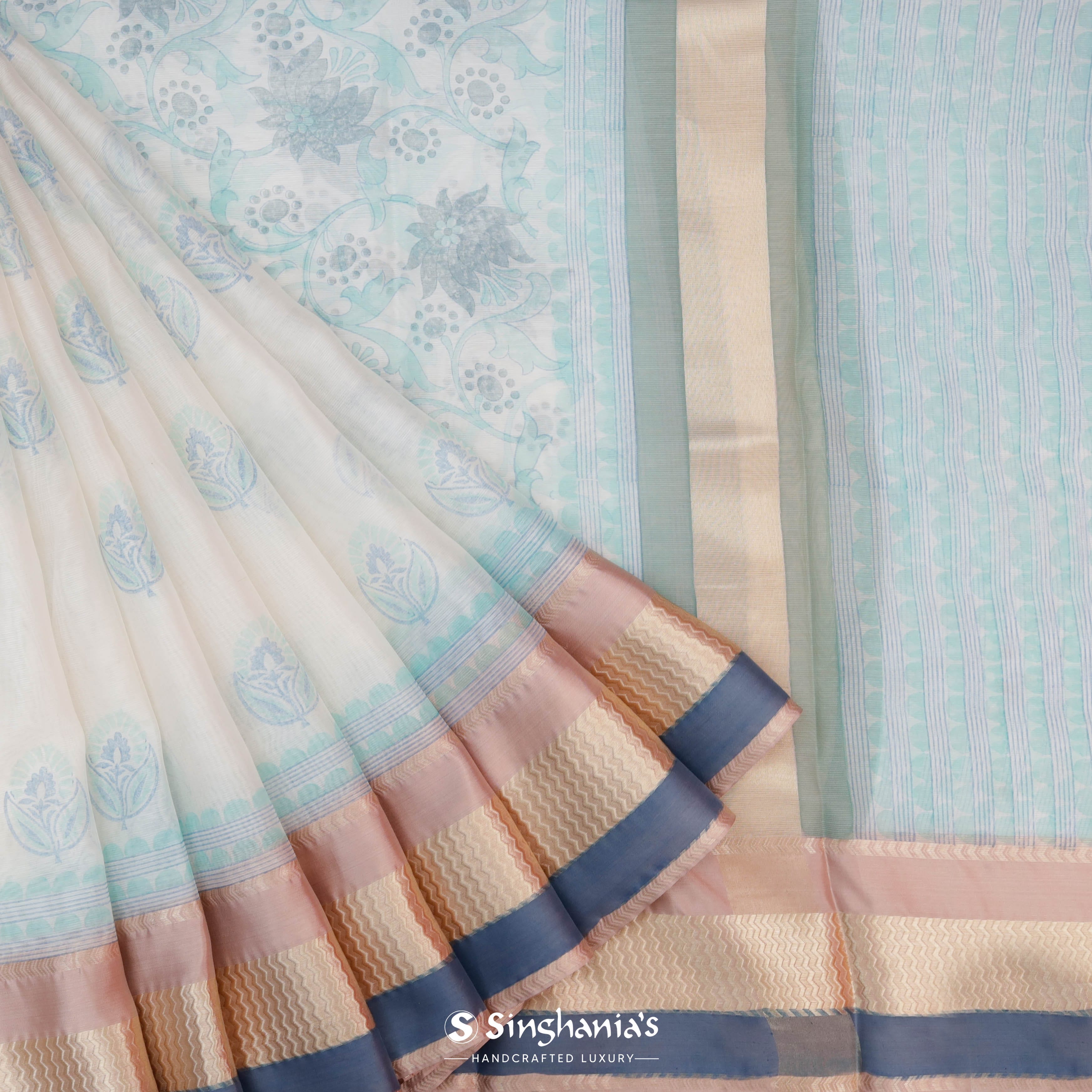 Pale Blue Maheshwari Printed Saree With Floral Buttas