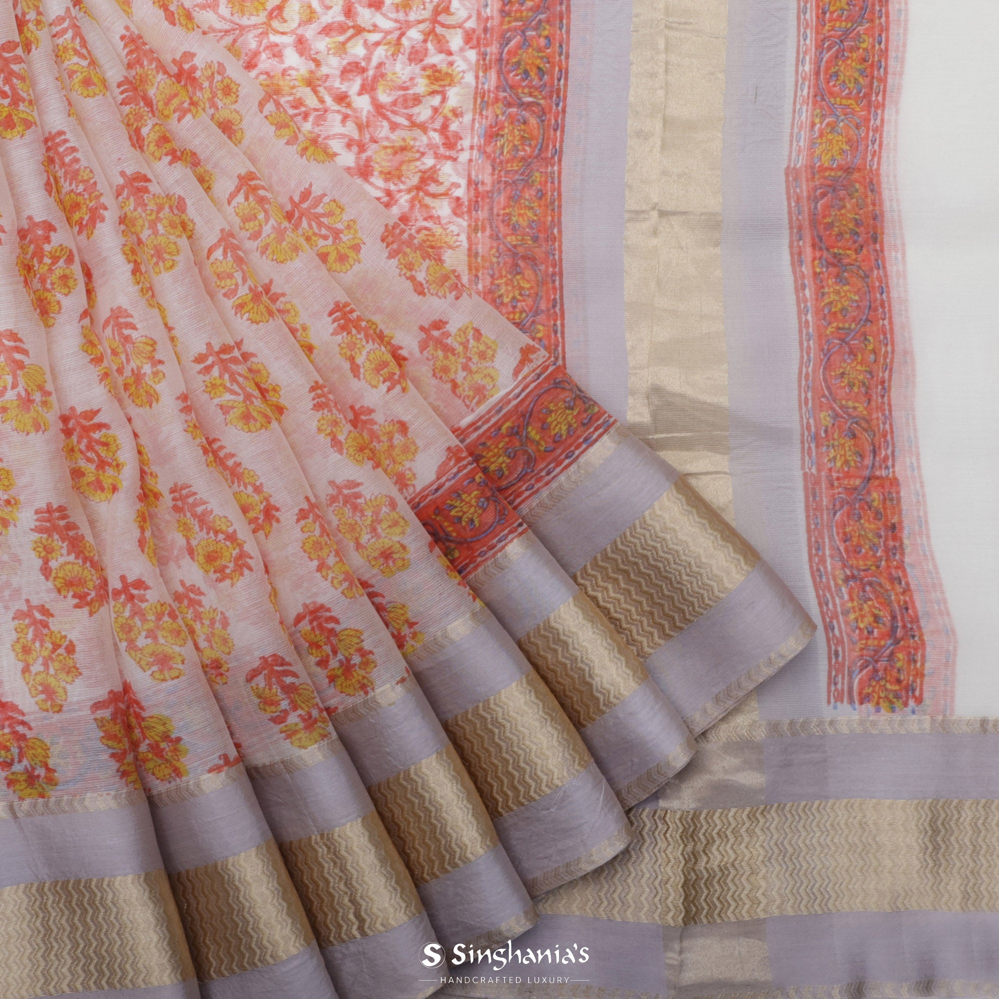 Pearl White Printed Maheshwari Silk Saree With Floral Motif Design