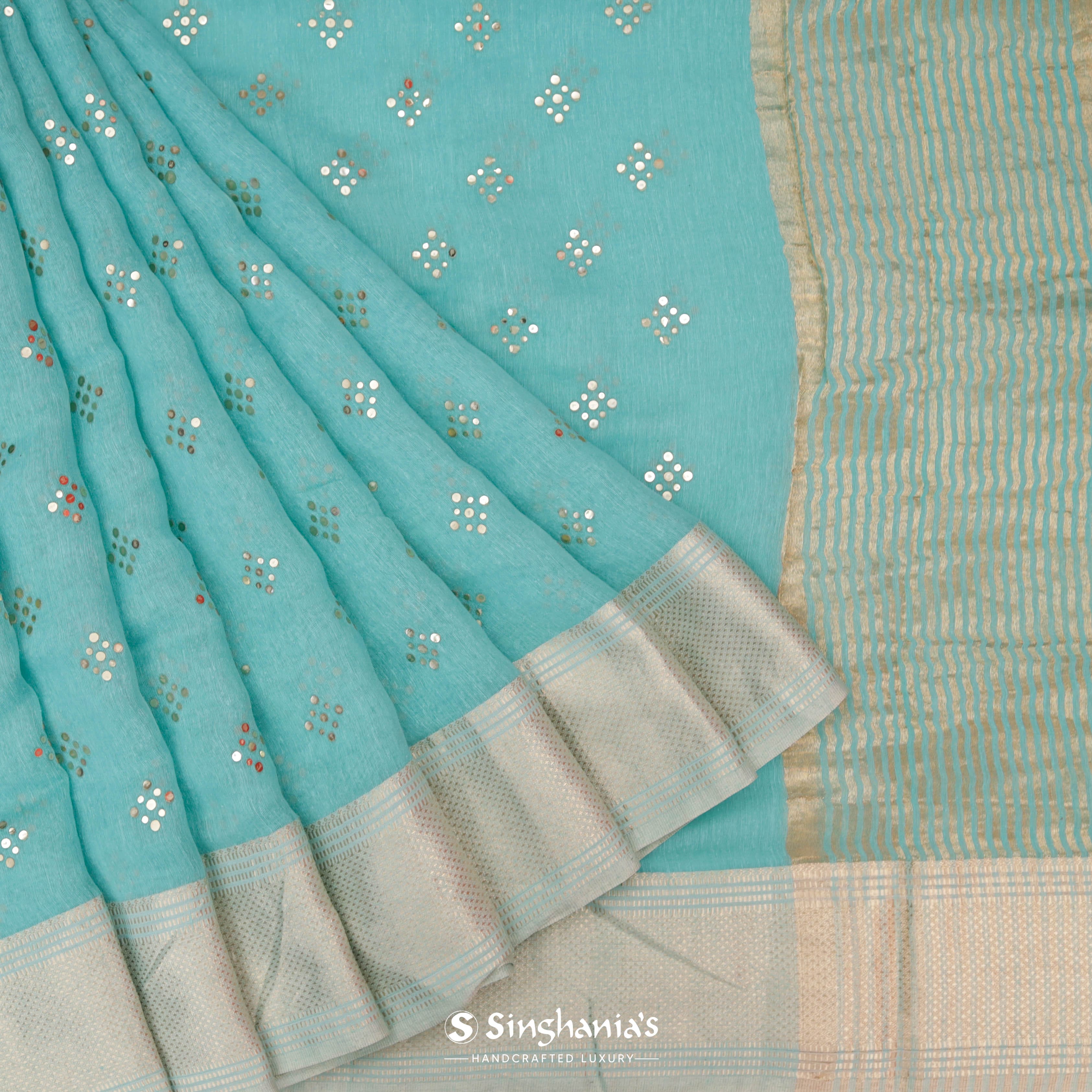 Sky Blue Linen Printed Handloom Saree With Foil Print