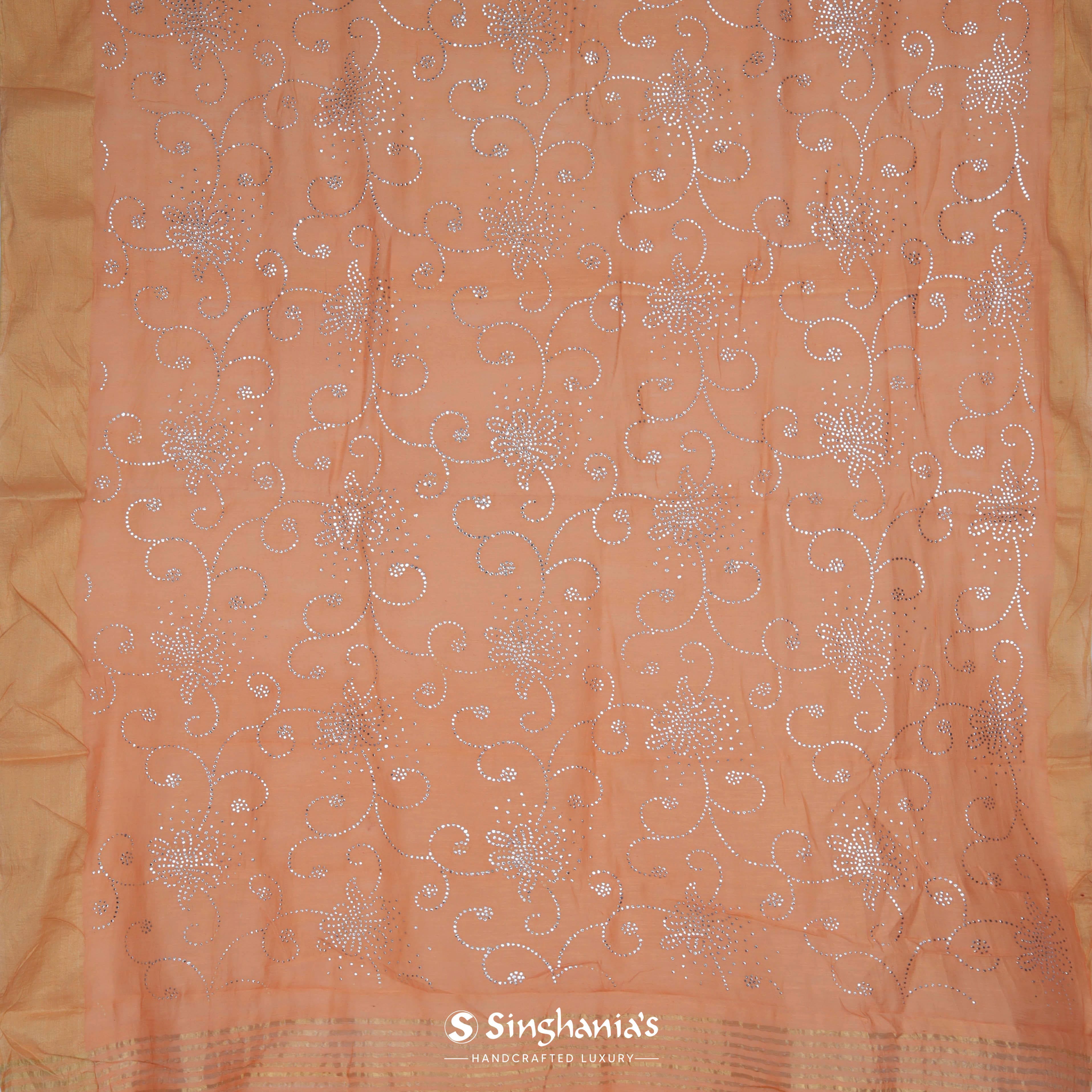 Peach Orange Linen Printed Handloom Saree With Mirror Embroidery Motifs