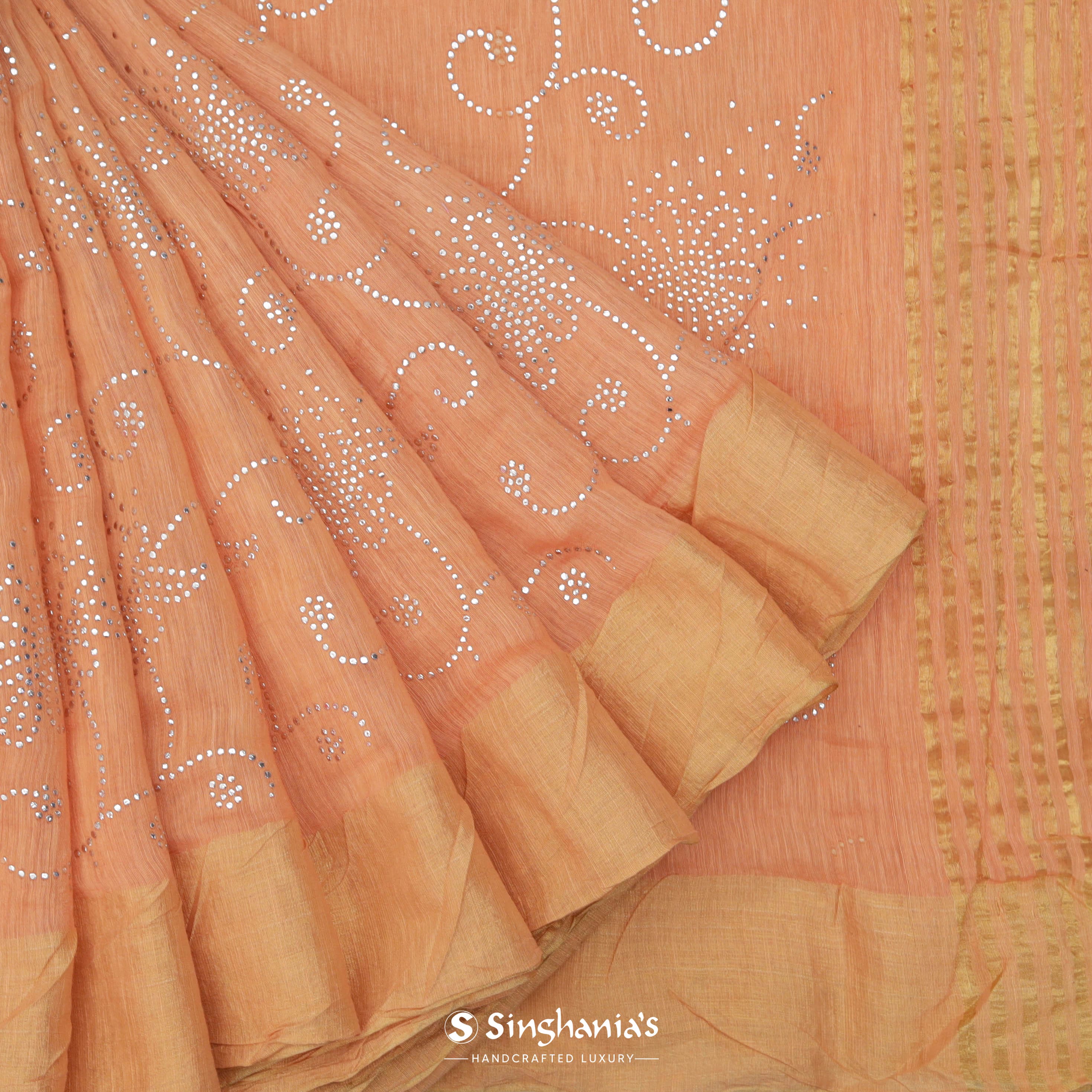 Peach Orange Linen Printed Handloom Saree With Mirror Embroidery Motifs