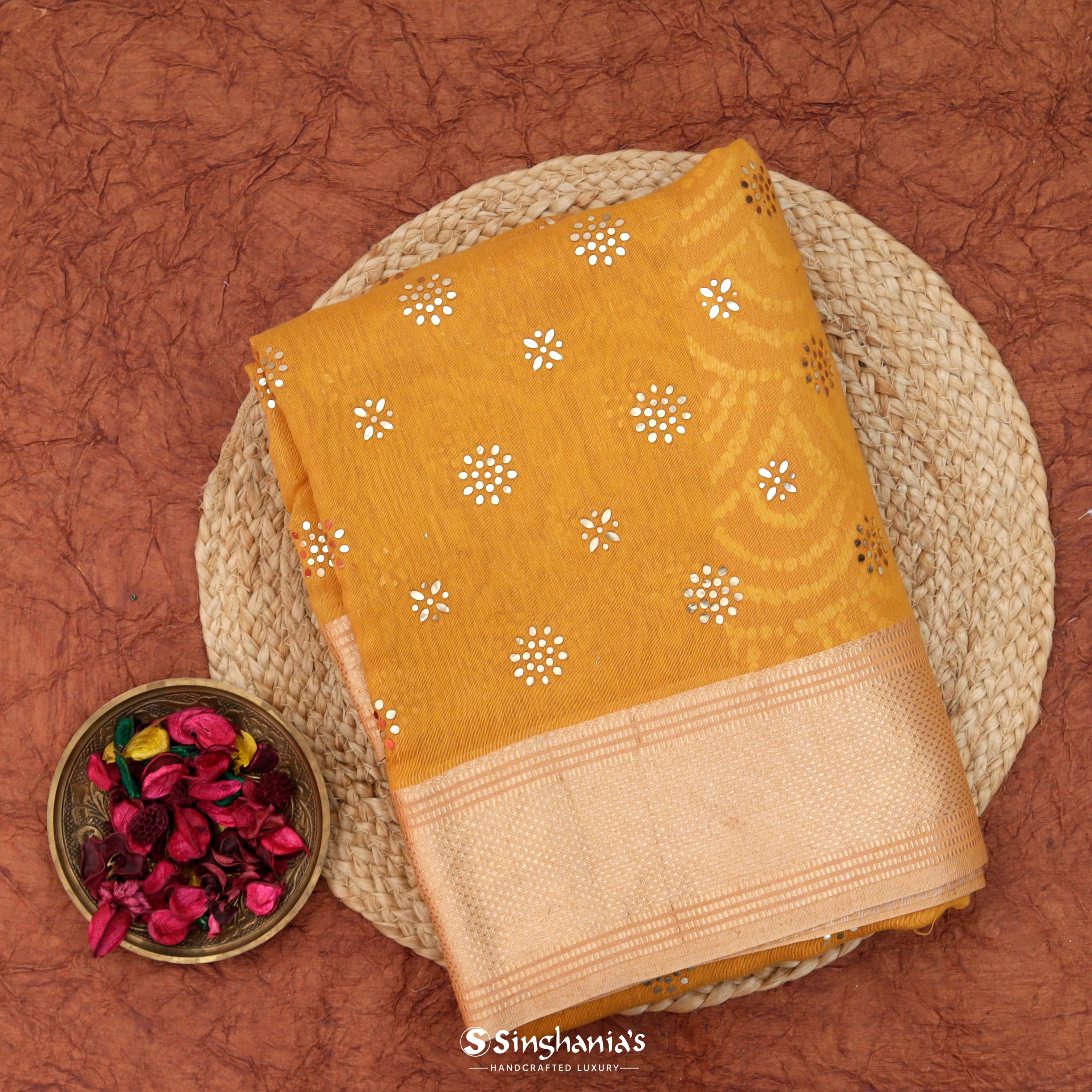 Bright Mustard Yellow Linen Printed Saree With Foil Print