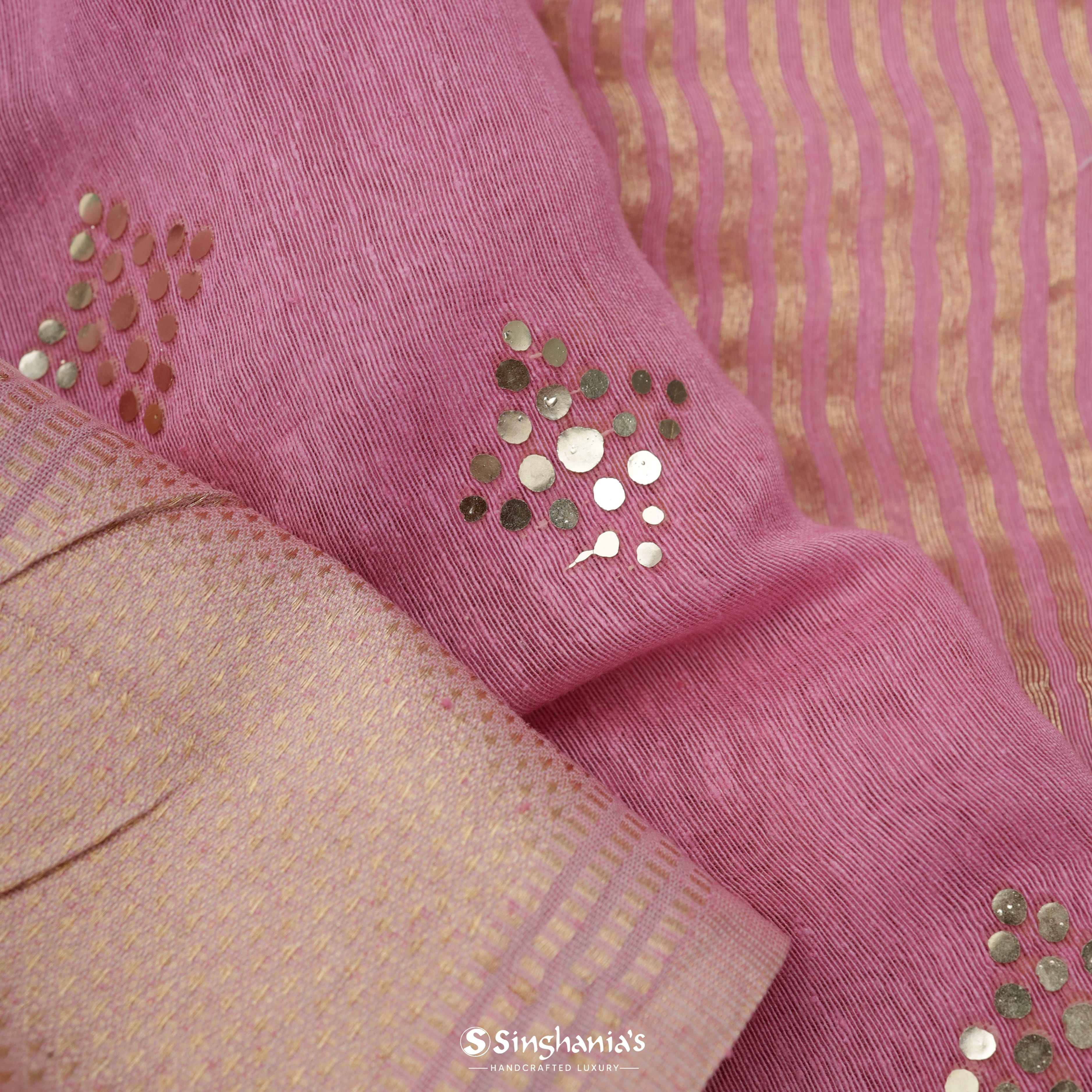 Taffy Pink Linen Printed Handloom Saree With Foil Print