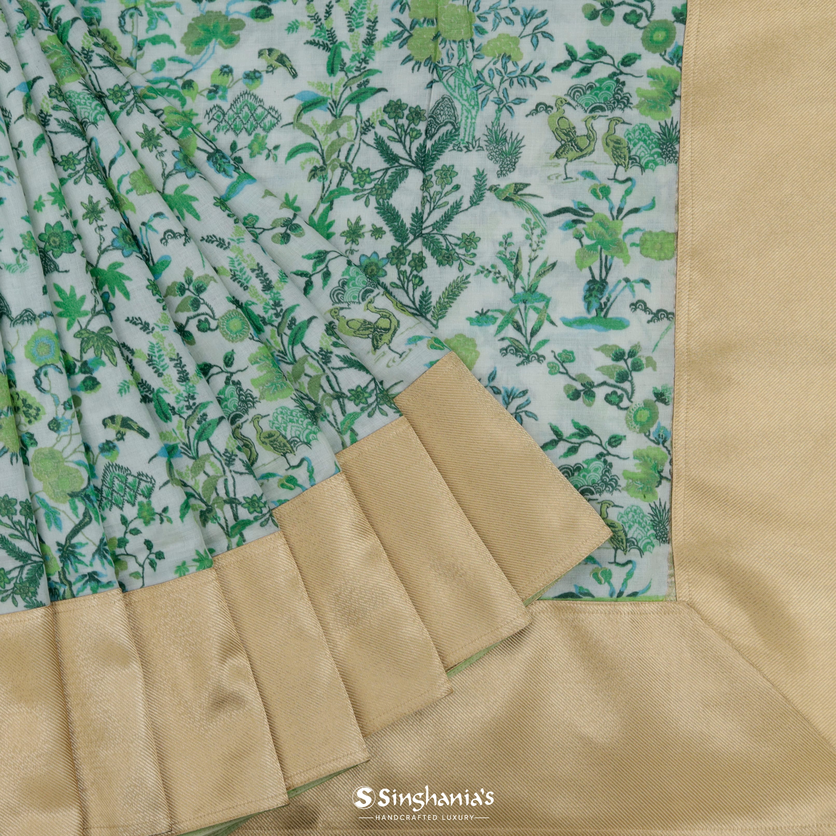 Light Mint Green Maheshwari Printed Silk Saree With Nature Inspired Motif Pattern
