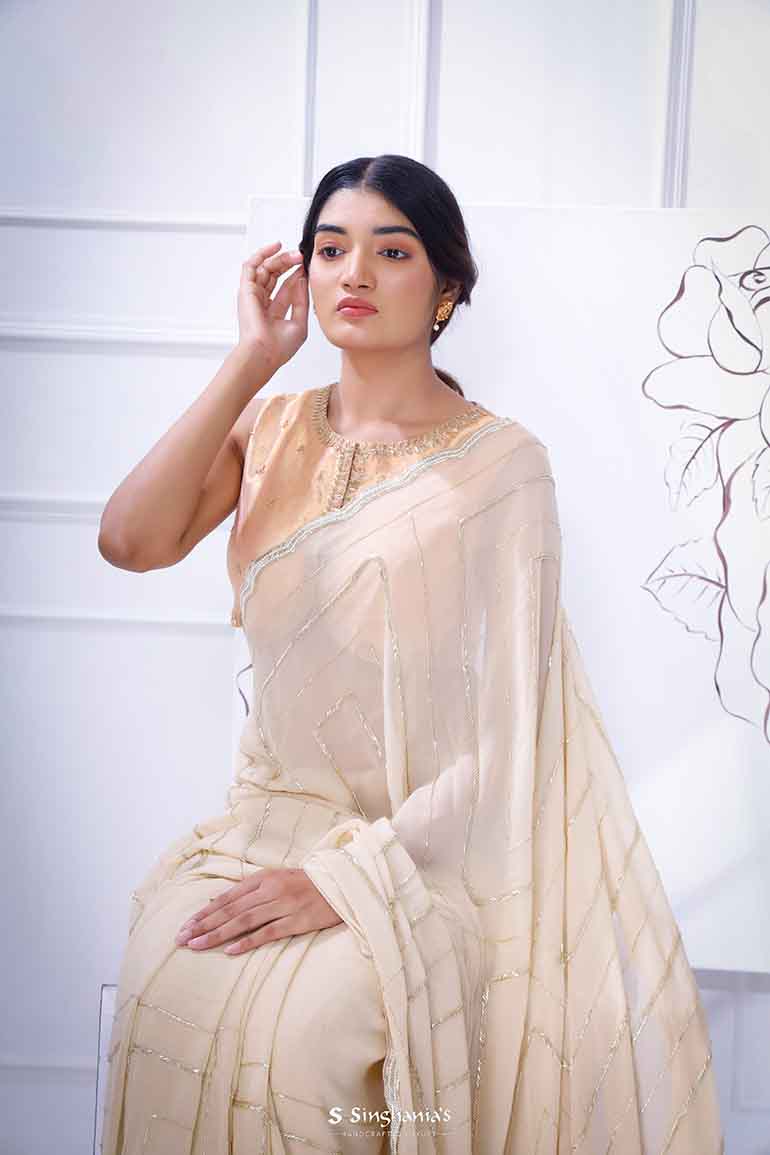 Antique White Georgette Saree With Hand Embroidery