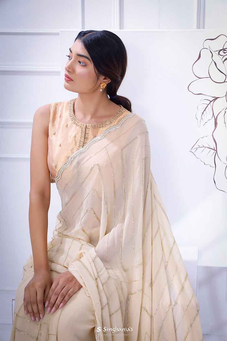 Antique White Georgette Saree With Hand Embroidery