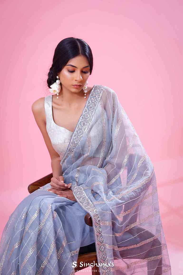 Ice Blue Organza Saree With Hand Embroidery