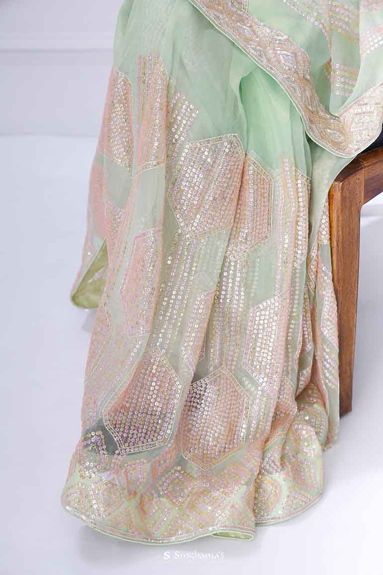 Celadon Organza Saree With Hand Embroidery