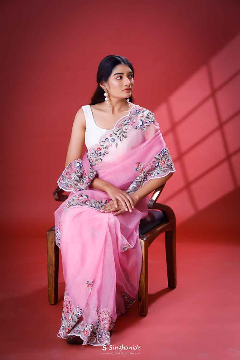 Pale Purple Organza Saree With Hand Embroidery