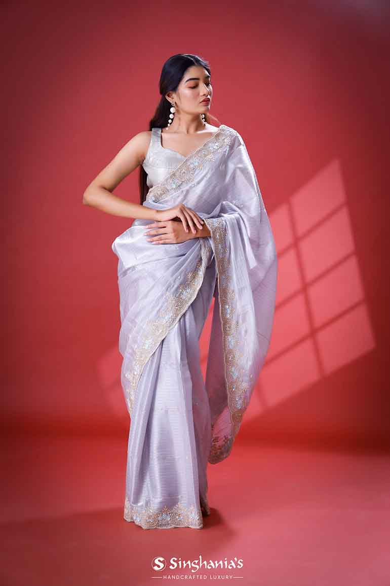 Lavender Organza Saree With Hand Embroidery