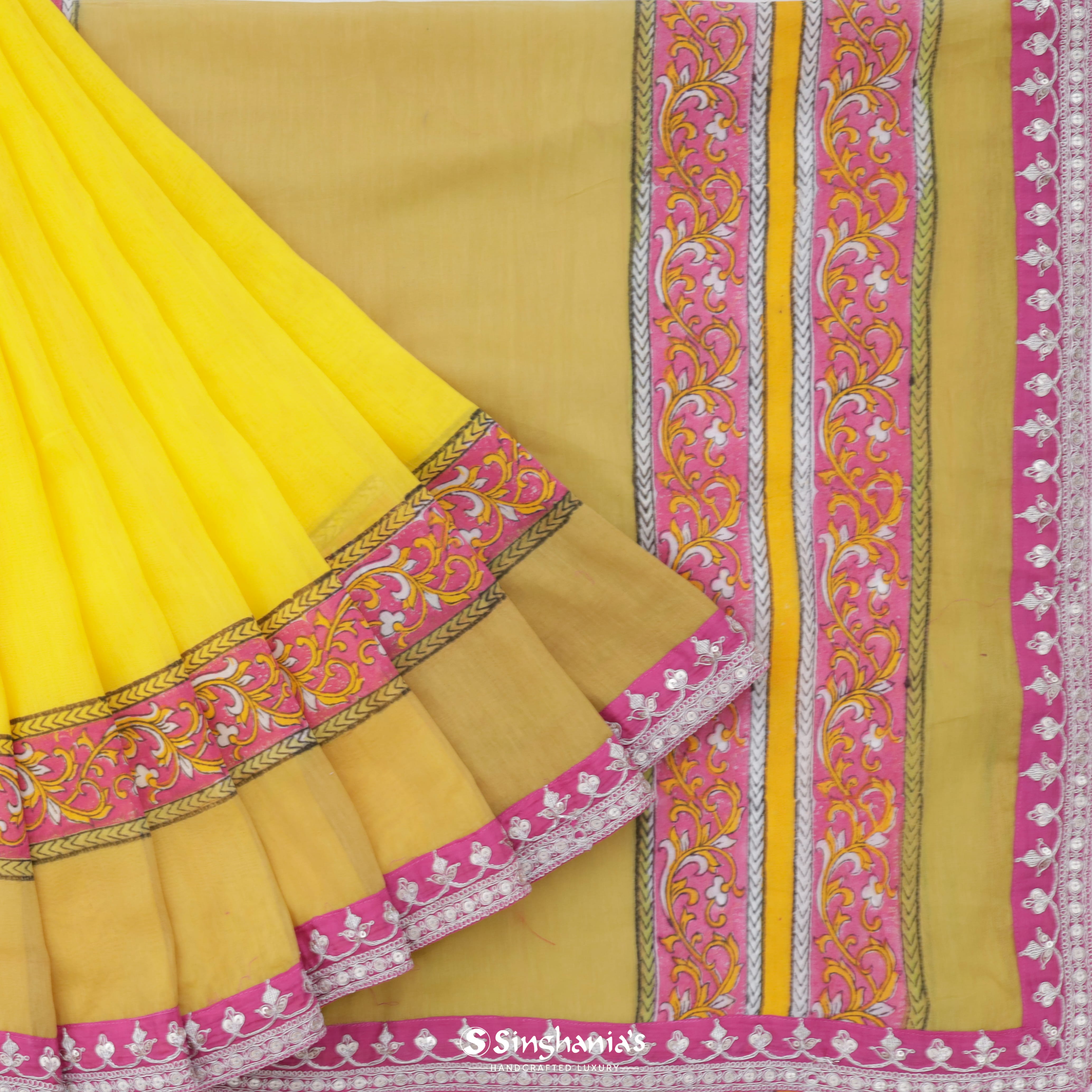 Bright Mustard Yellow Cotton Embroidery Saree Floral Pattern