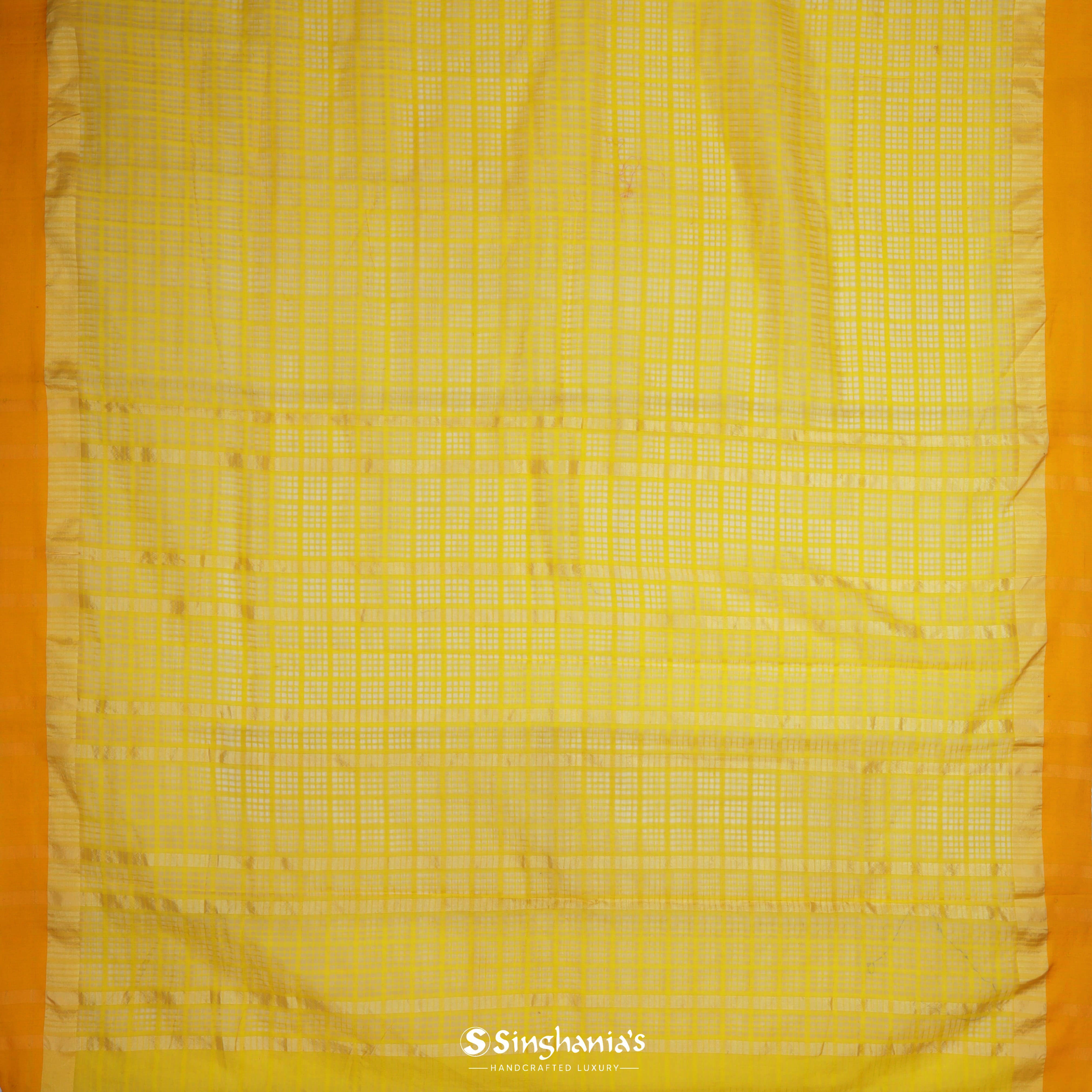 Bright Yellow Chanderi Silk Saree With Checks Pattern