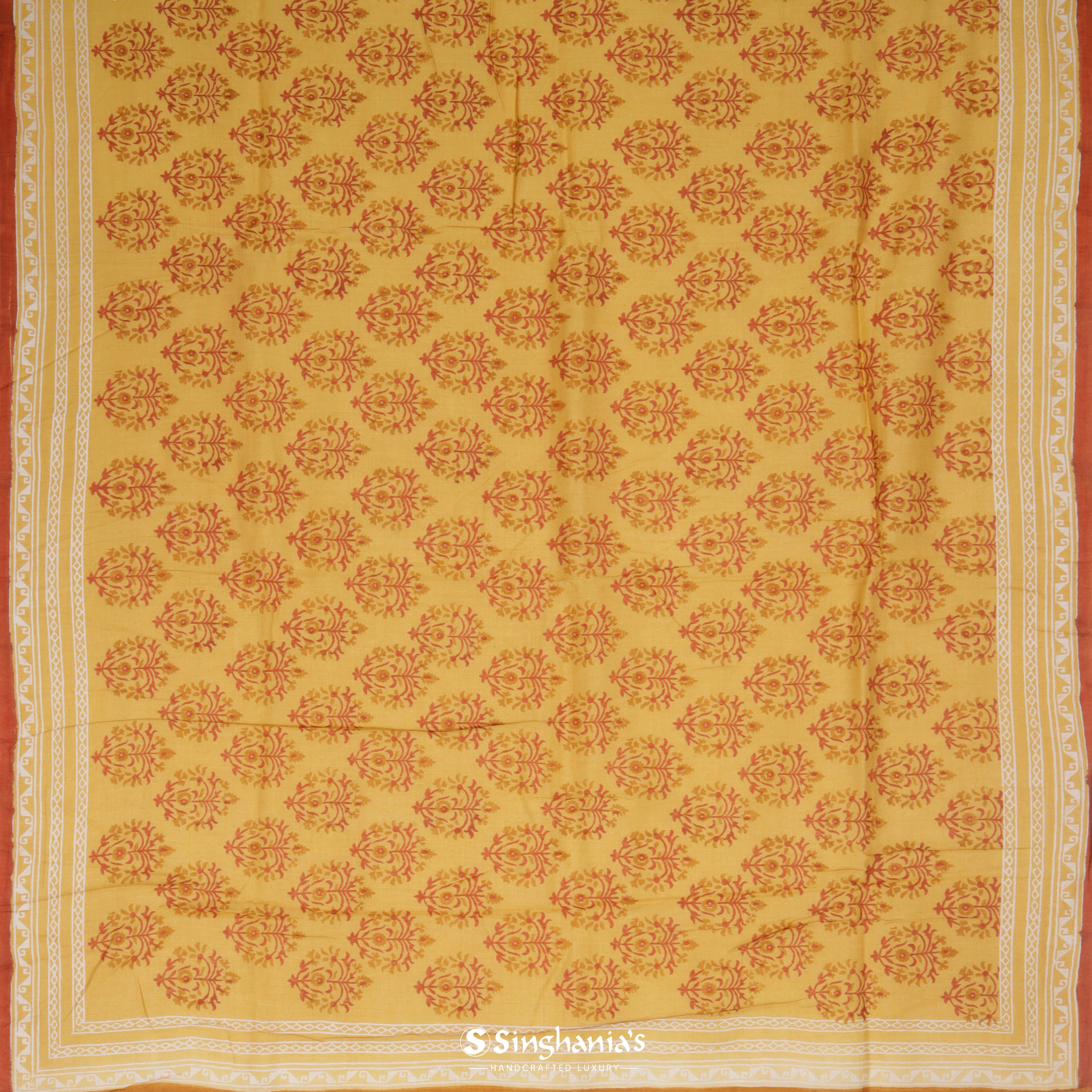 Turmeric Yellow Tussar Printed Silk Saree With Floral Jaal Pattern