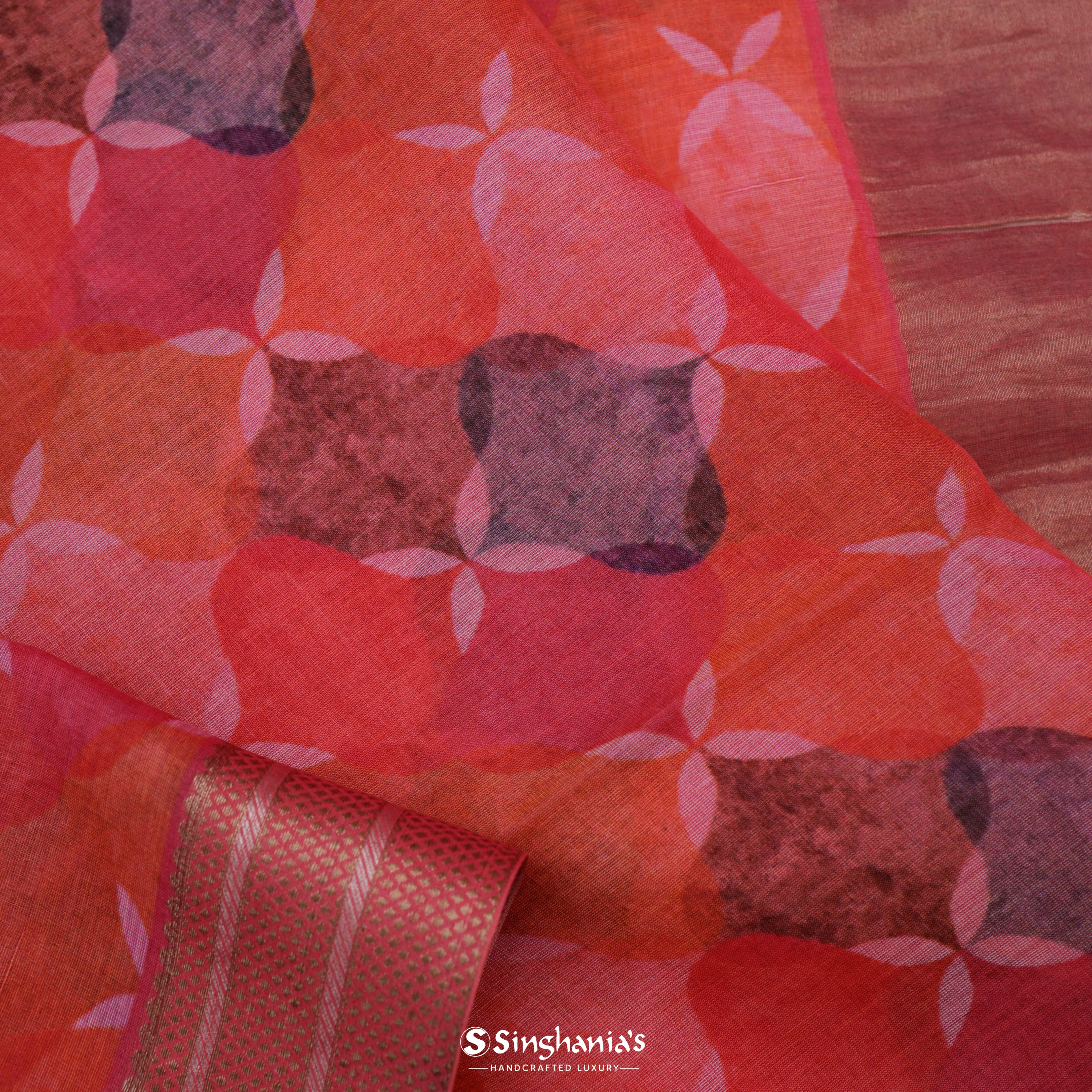Imperial Red Tussar Printed Silk Saree With Geometrical Pattern