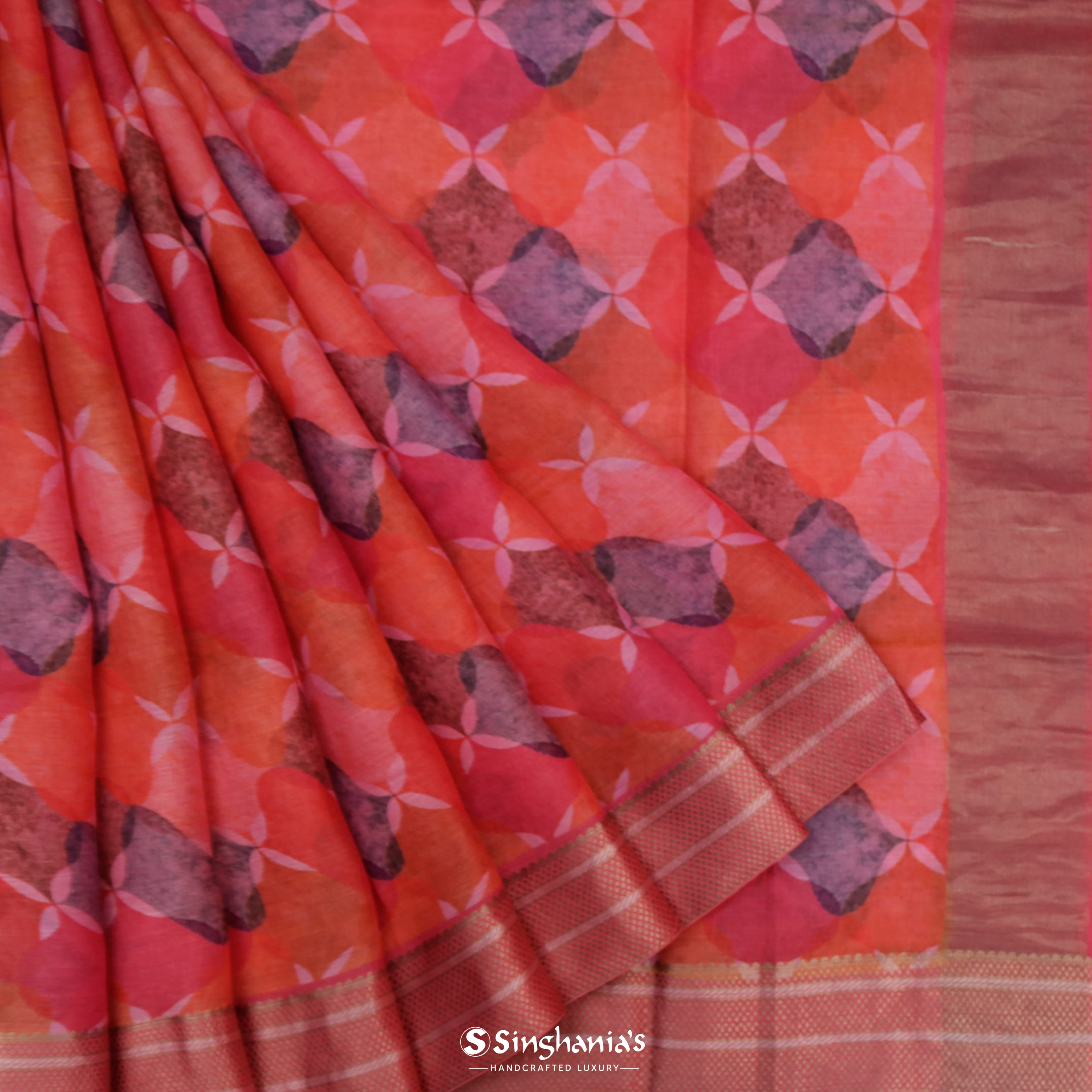 Imperial Red Tussar Printed Silk Saree With Geometrical Pattern