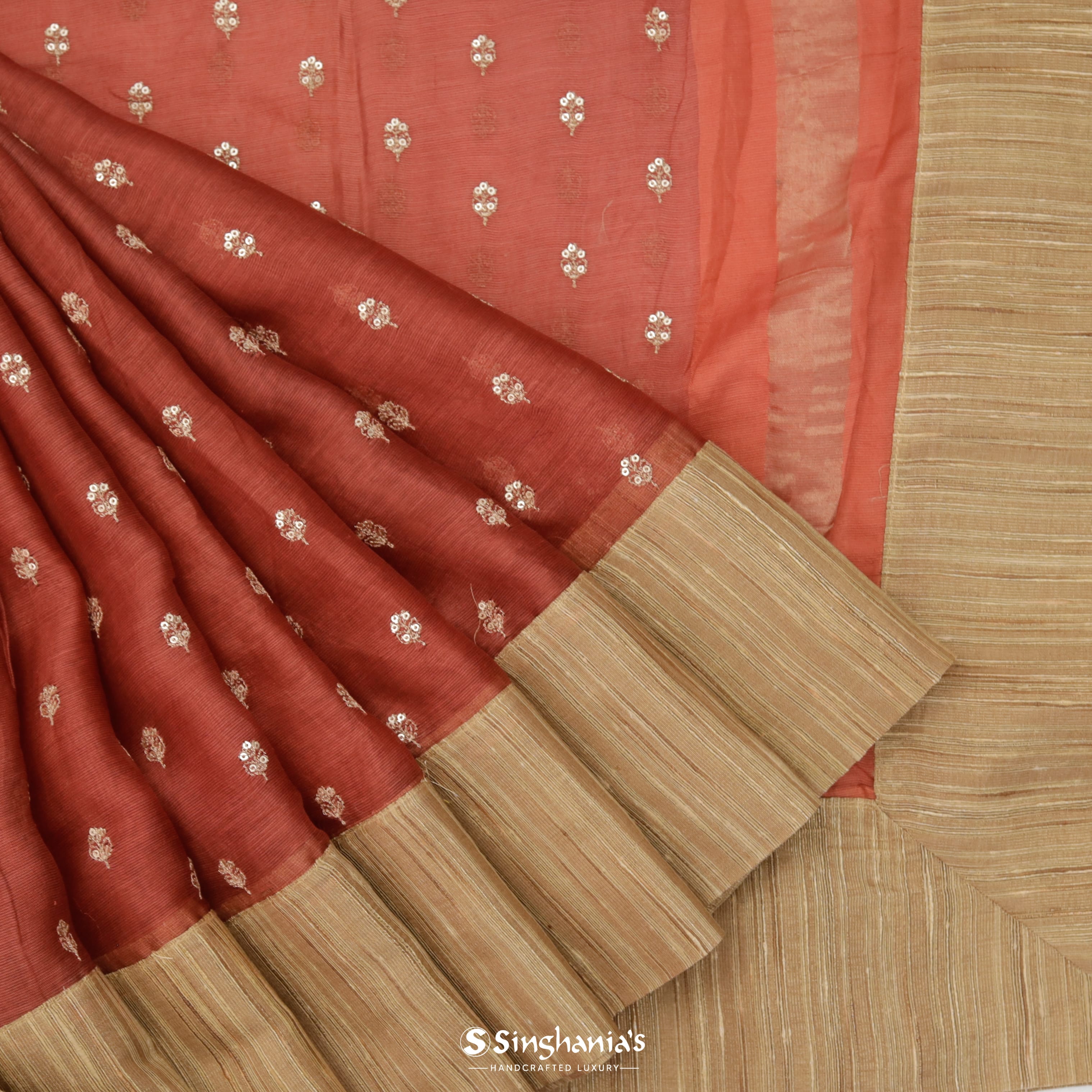 Burnt Red Maheshwari Embroidery Saree With Tiny Floral Buttis