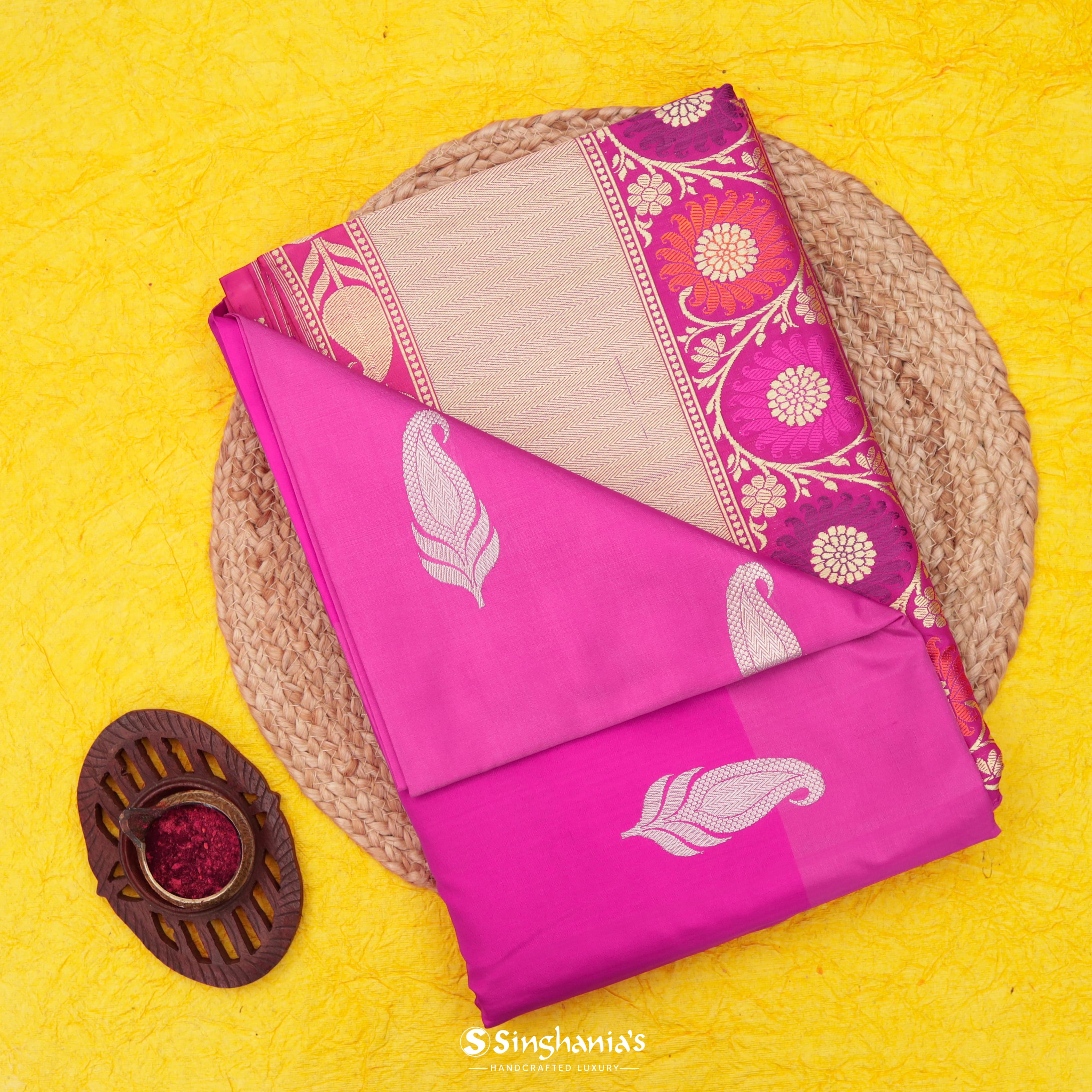 Wild Strawberry Silk Banarasi Saree With Feather Weave Motif