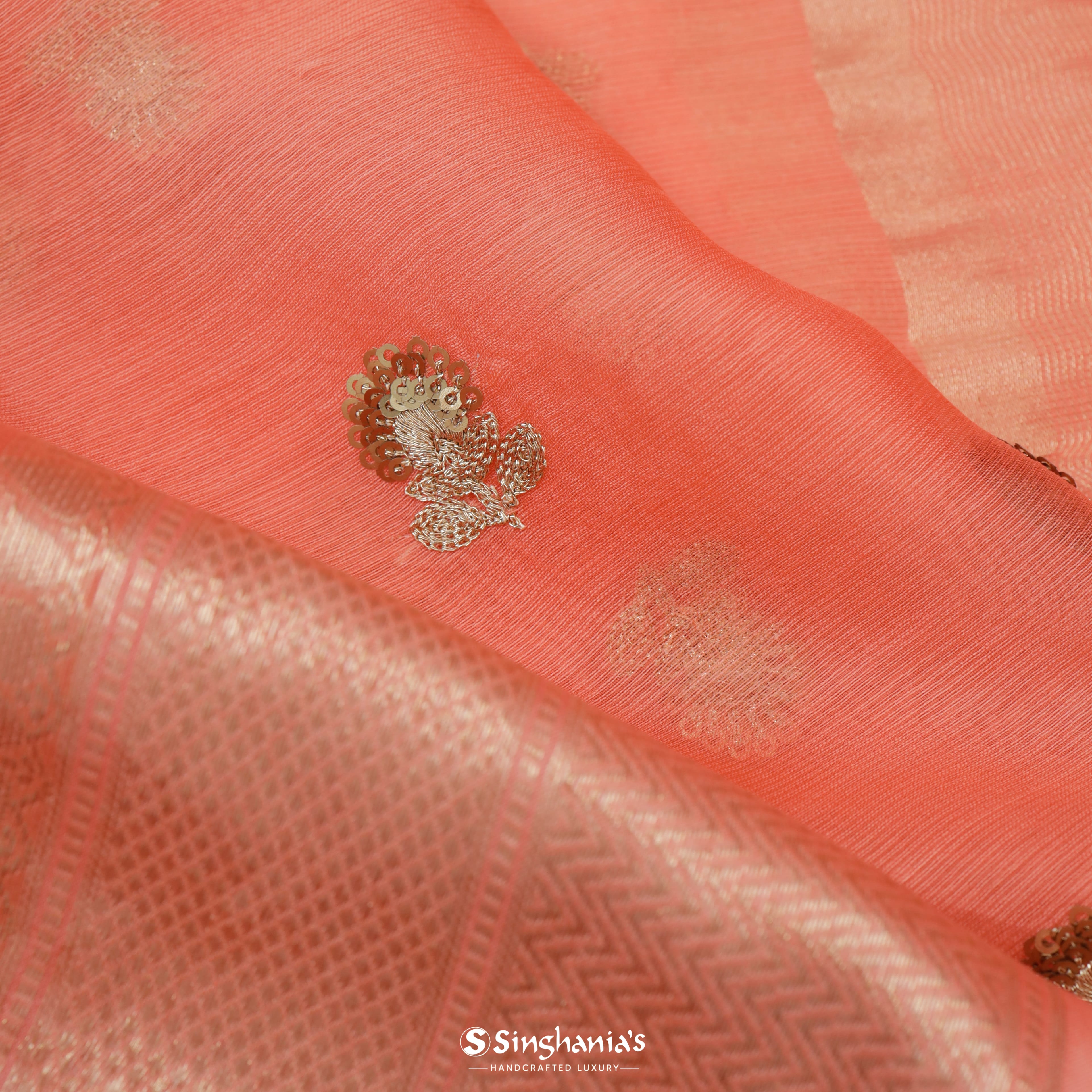 Coral Orange Maheshwari Embroidery Saree With Floral Buttas