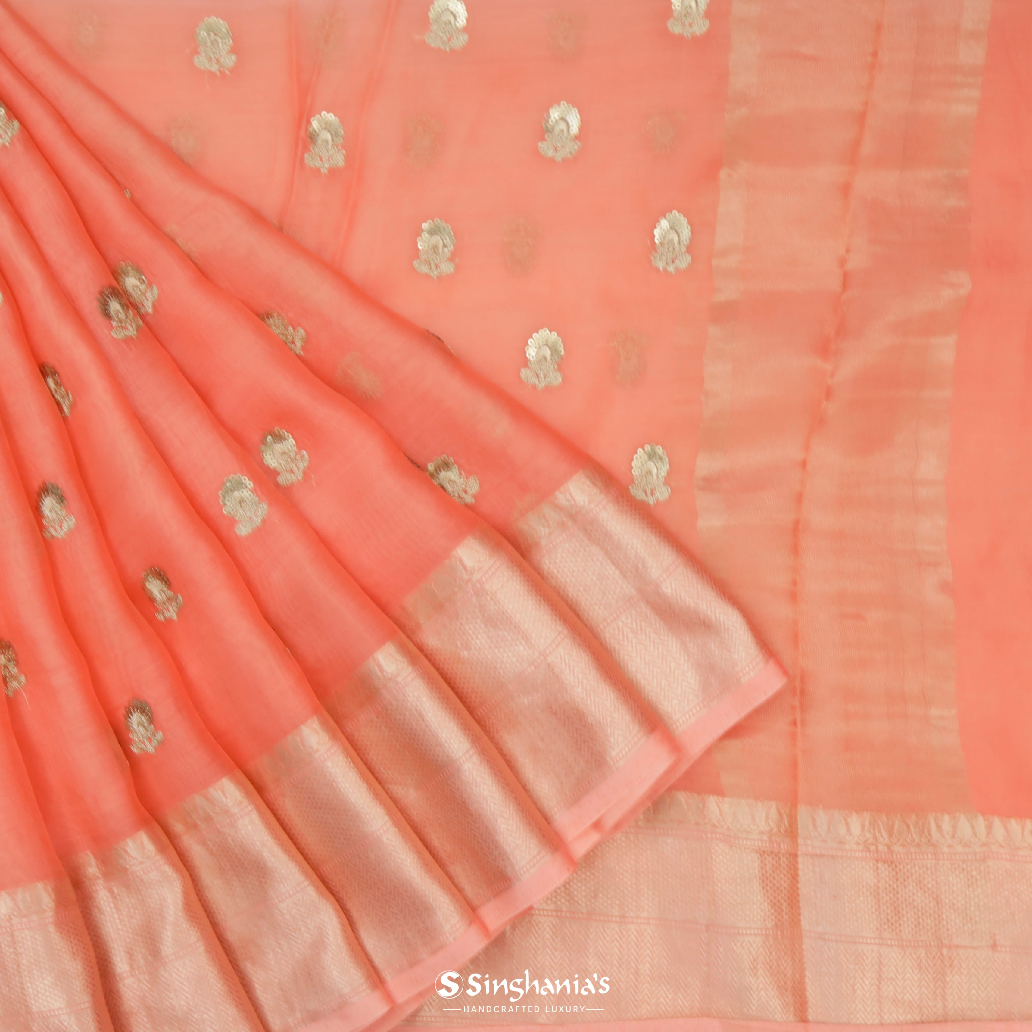 Coral Orange Maheshwari Embroidery Saree With Floral Buttas