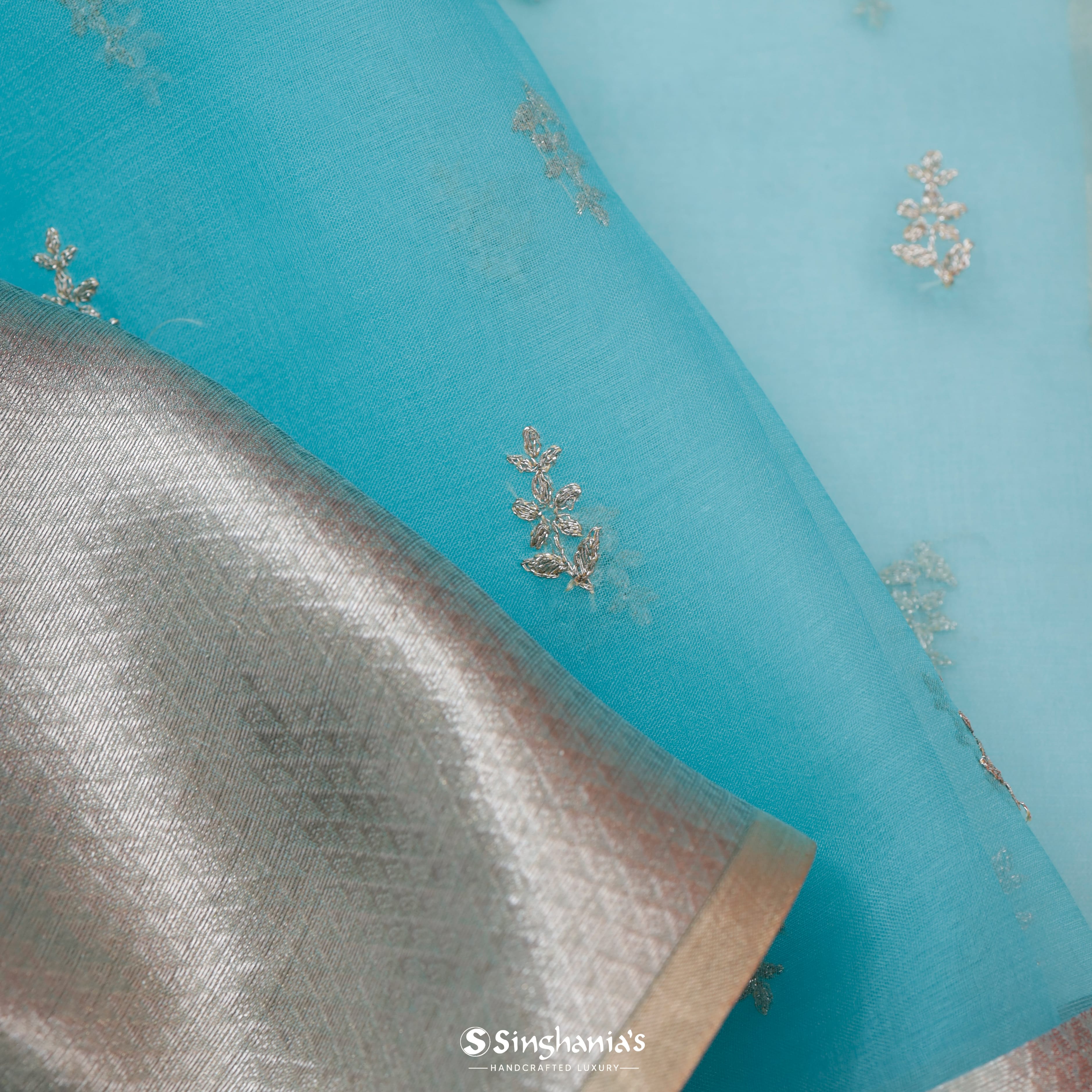 Seafoam Blue Organza Embroidery Saree With Tiny Floral Buttis