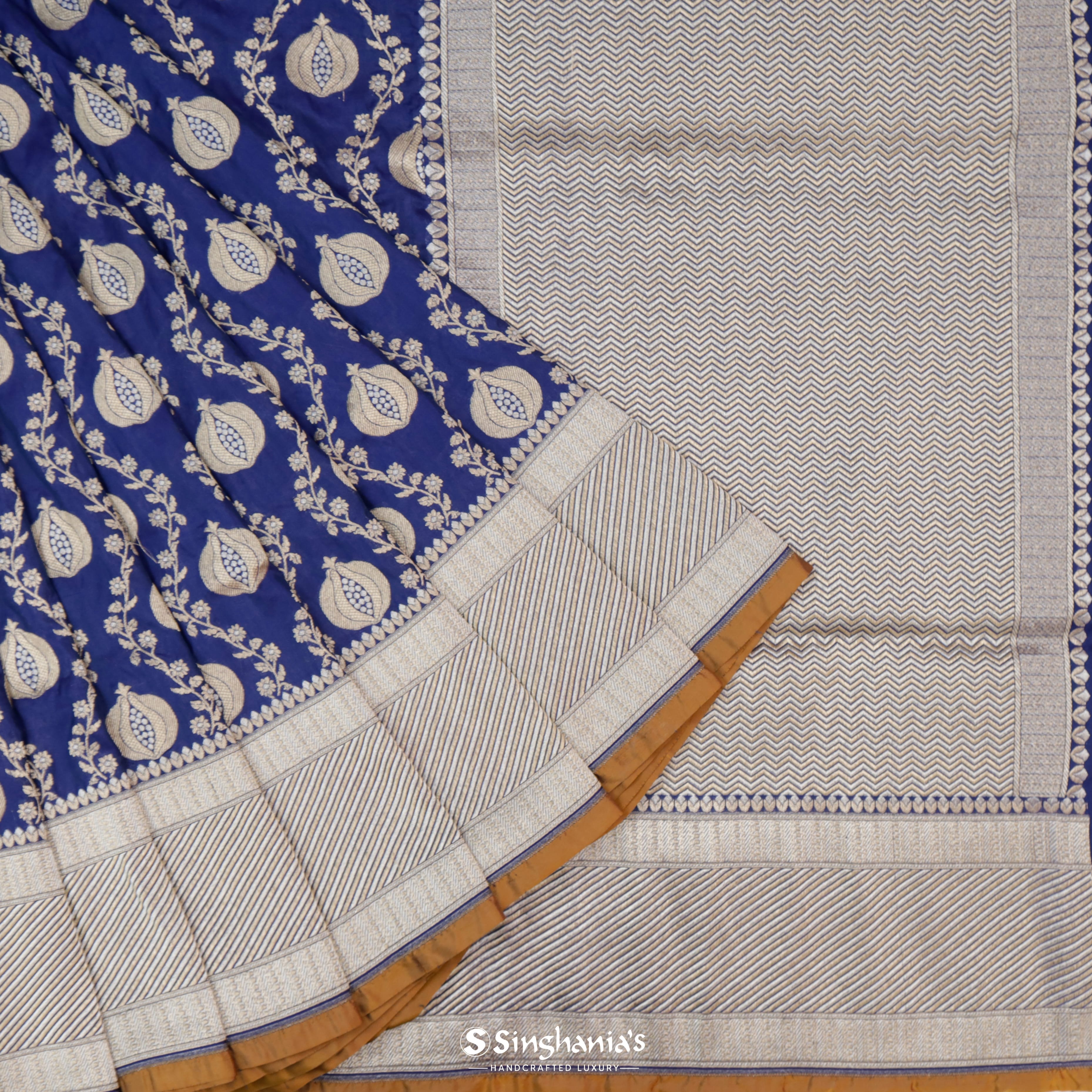 Dark Blue Silk Banarasi Handloom Saree With Striped Floral Pattern
