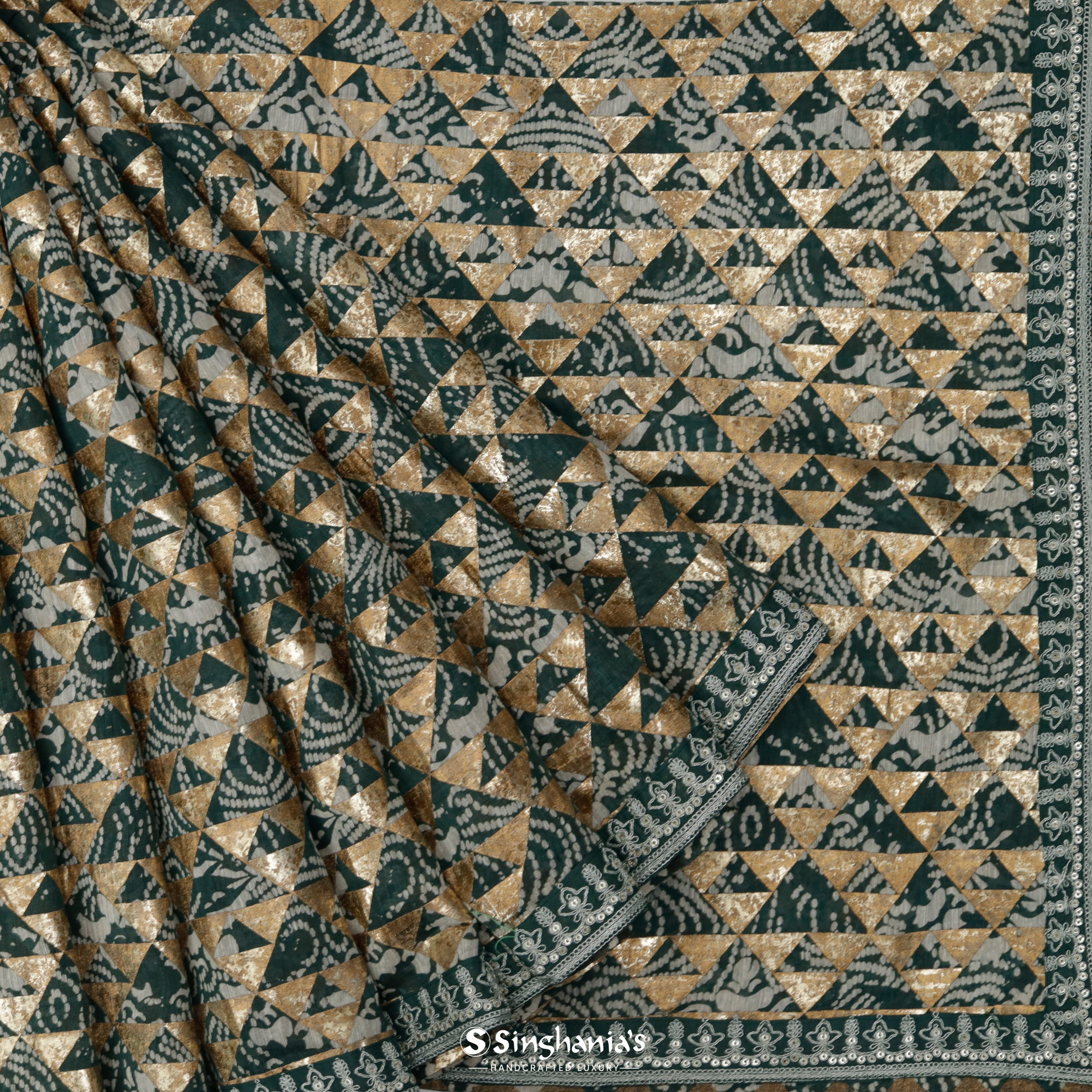 Deep Pine Green Linen Banarasi Handloom Saree With Geometrical Pattern