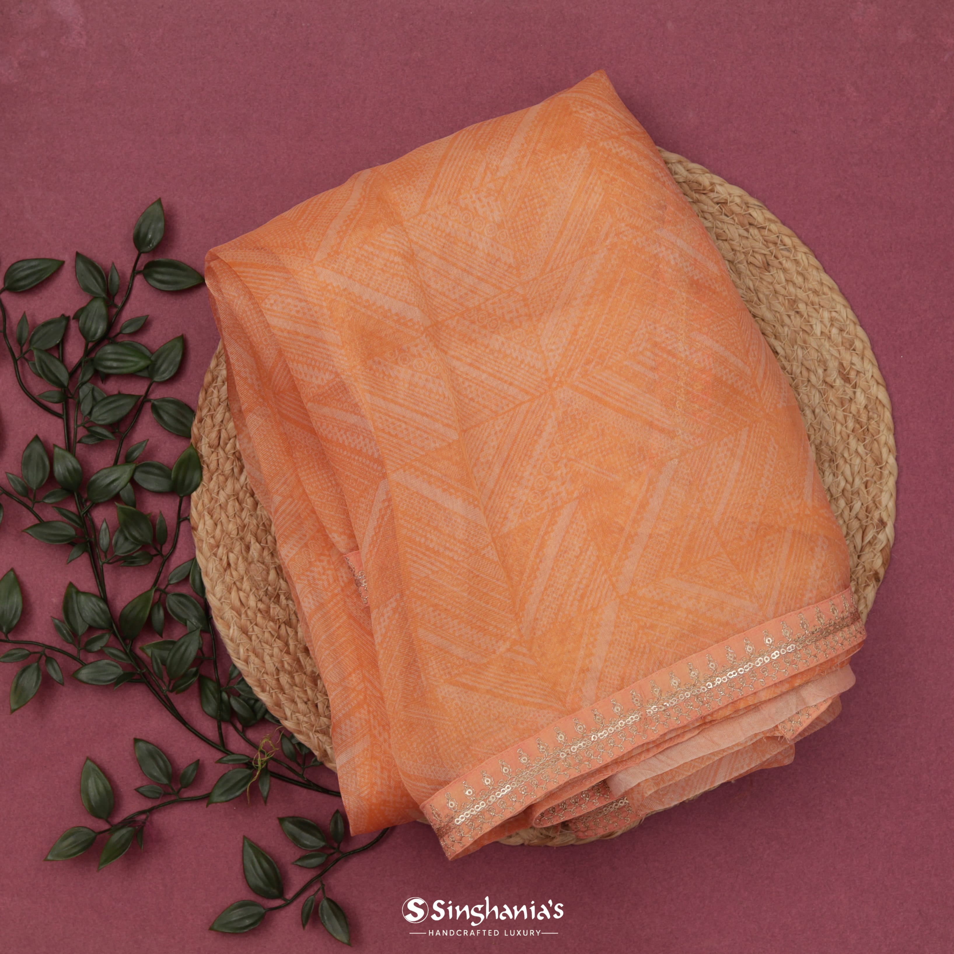 Pastel Orange Organza Printed Saree With Floral Pattern