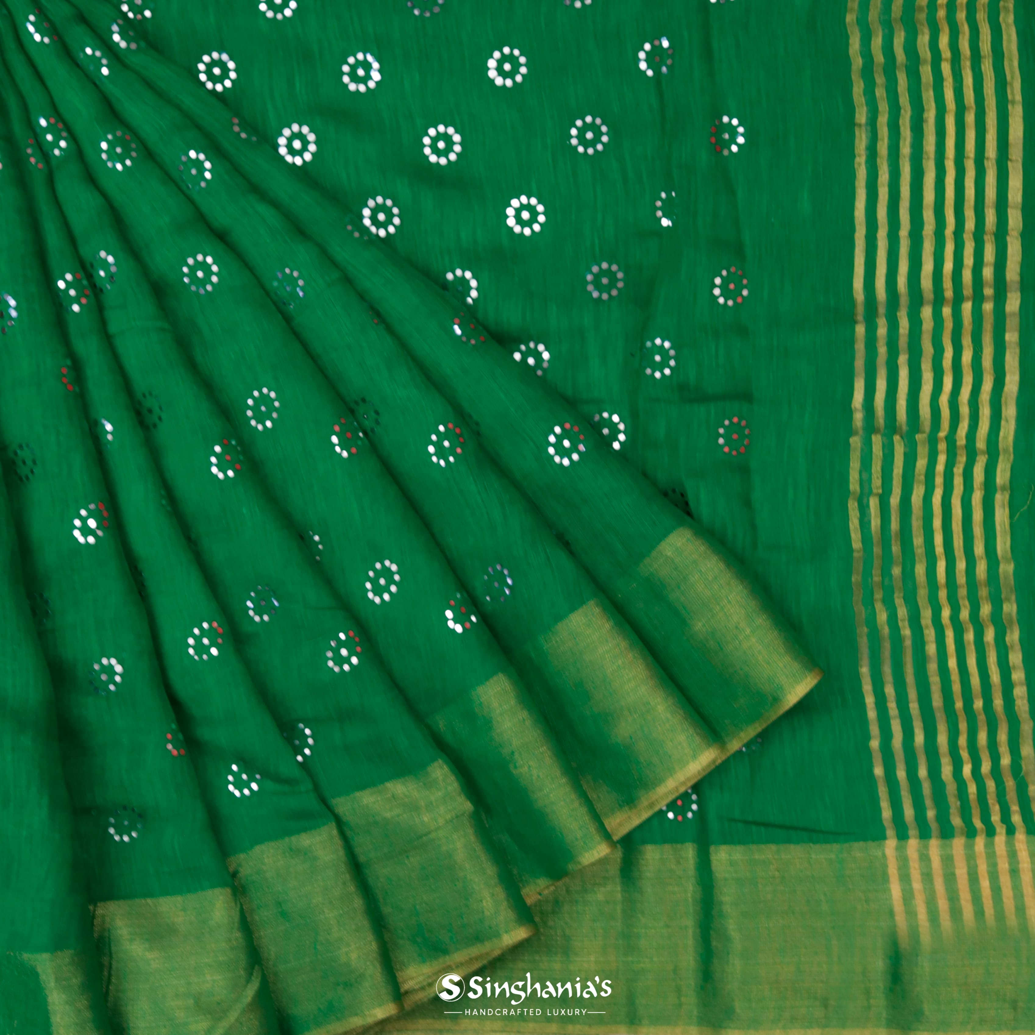 Dark Green Linen Printed Handloom Saree With Foil Print