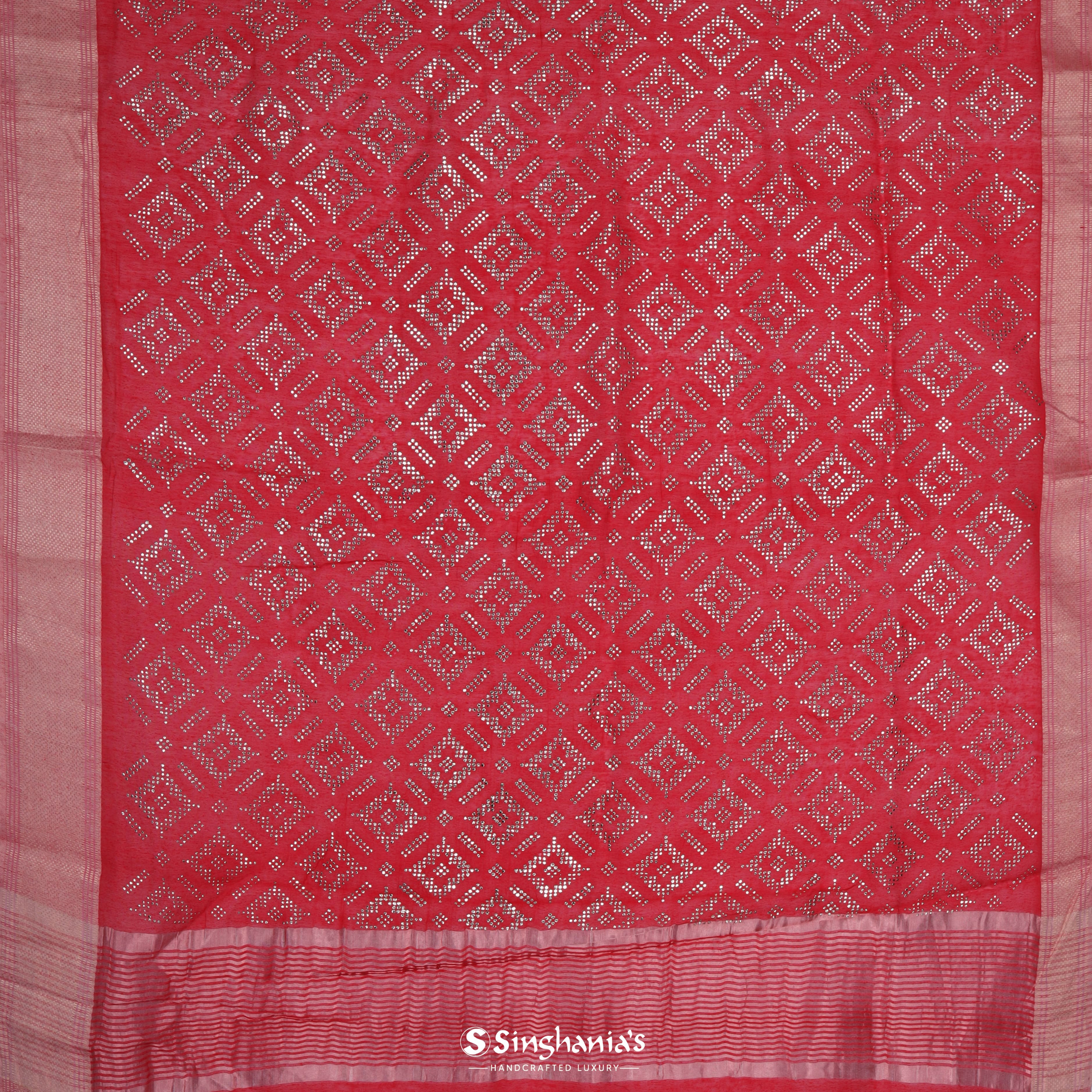 Lipstick Red Linen Printed Saree With Foil Print