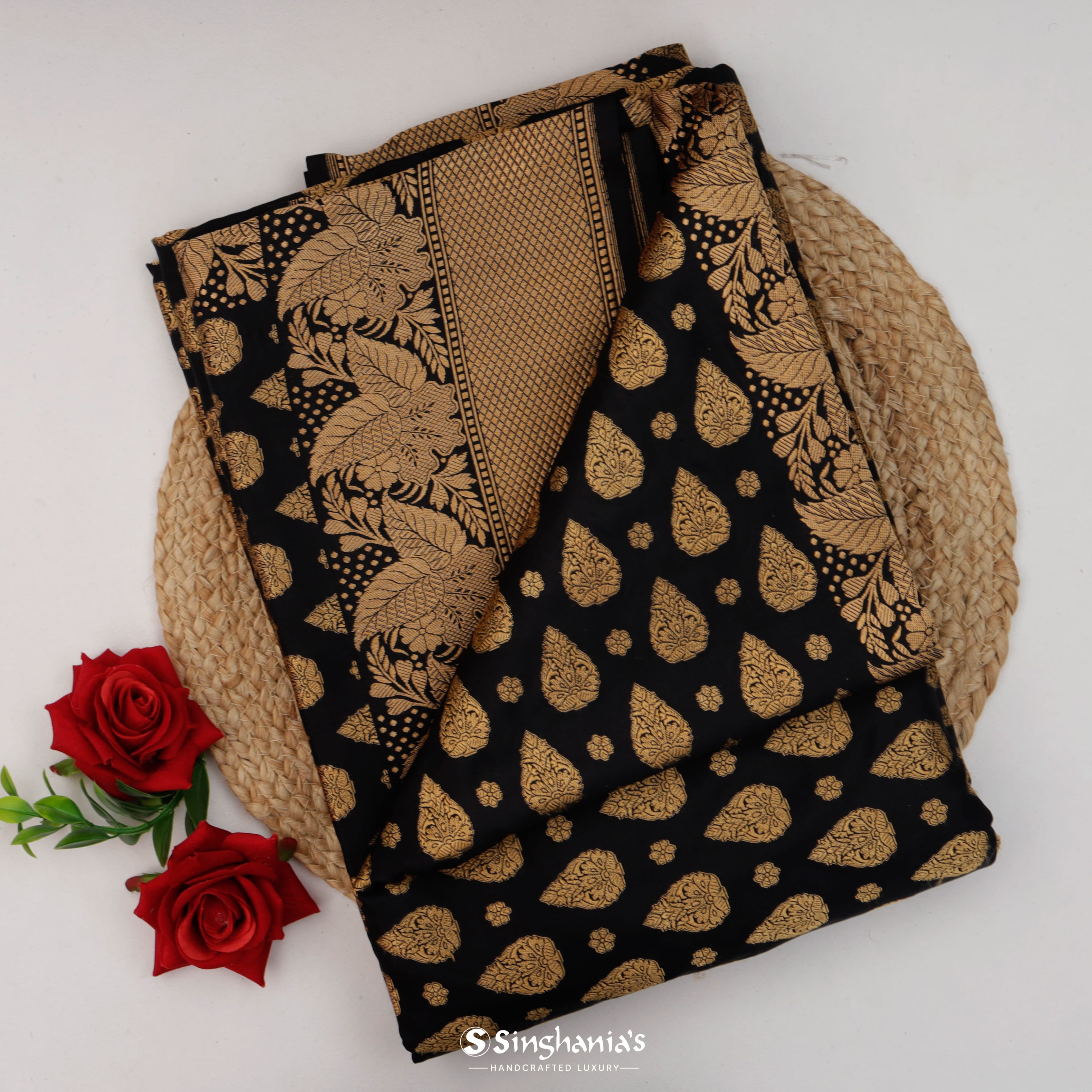 Jet Black Silk Banarasi Handloom Saree Floral Buttas