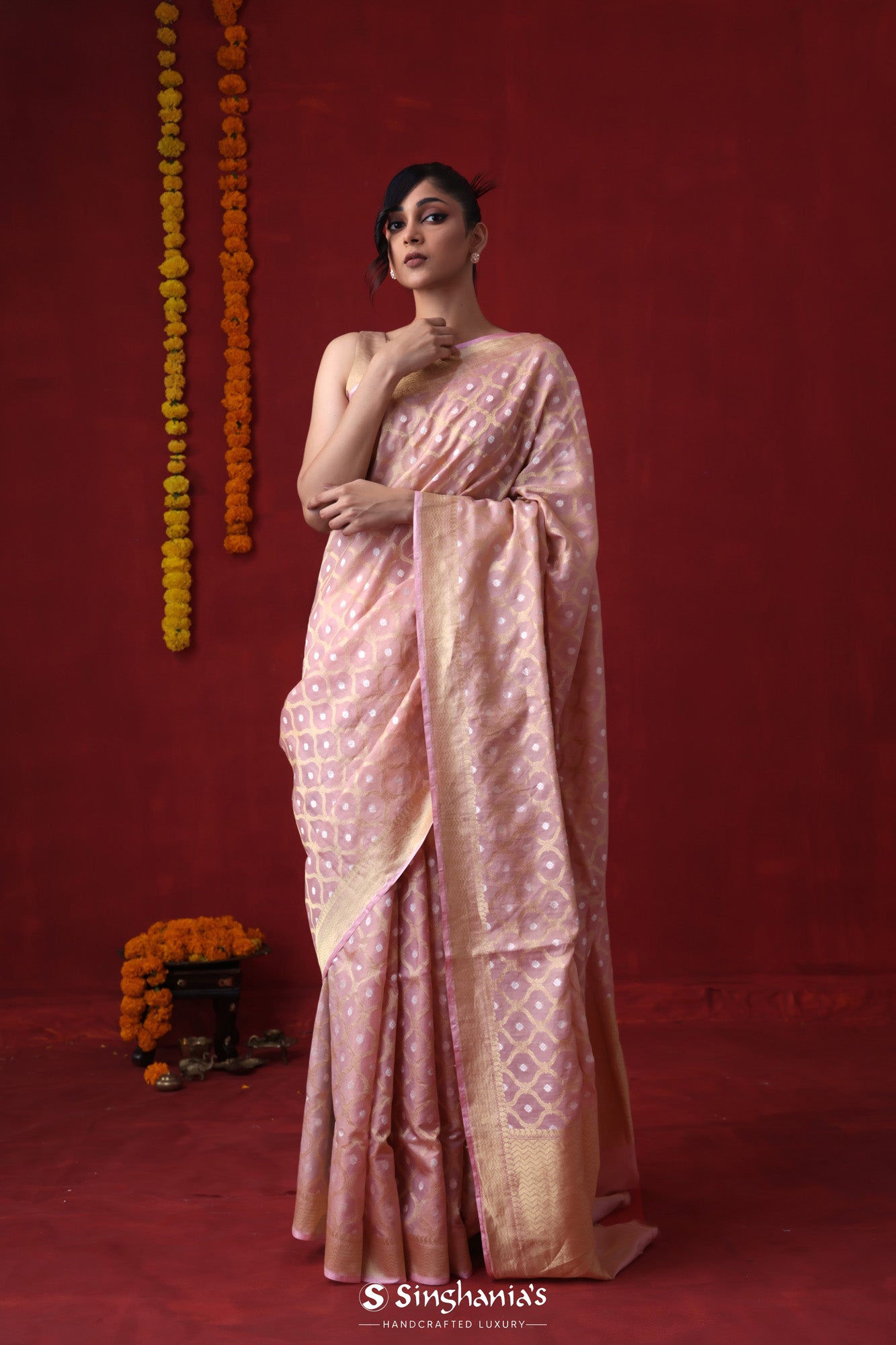 Peach Pink Tissue Banarasi Saree With Ogival Weaving