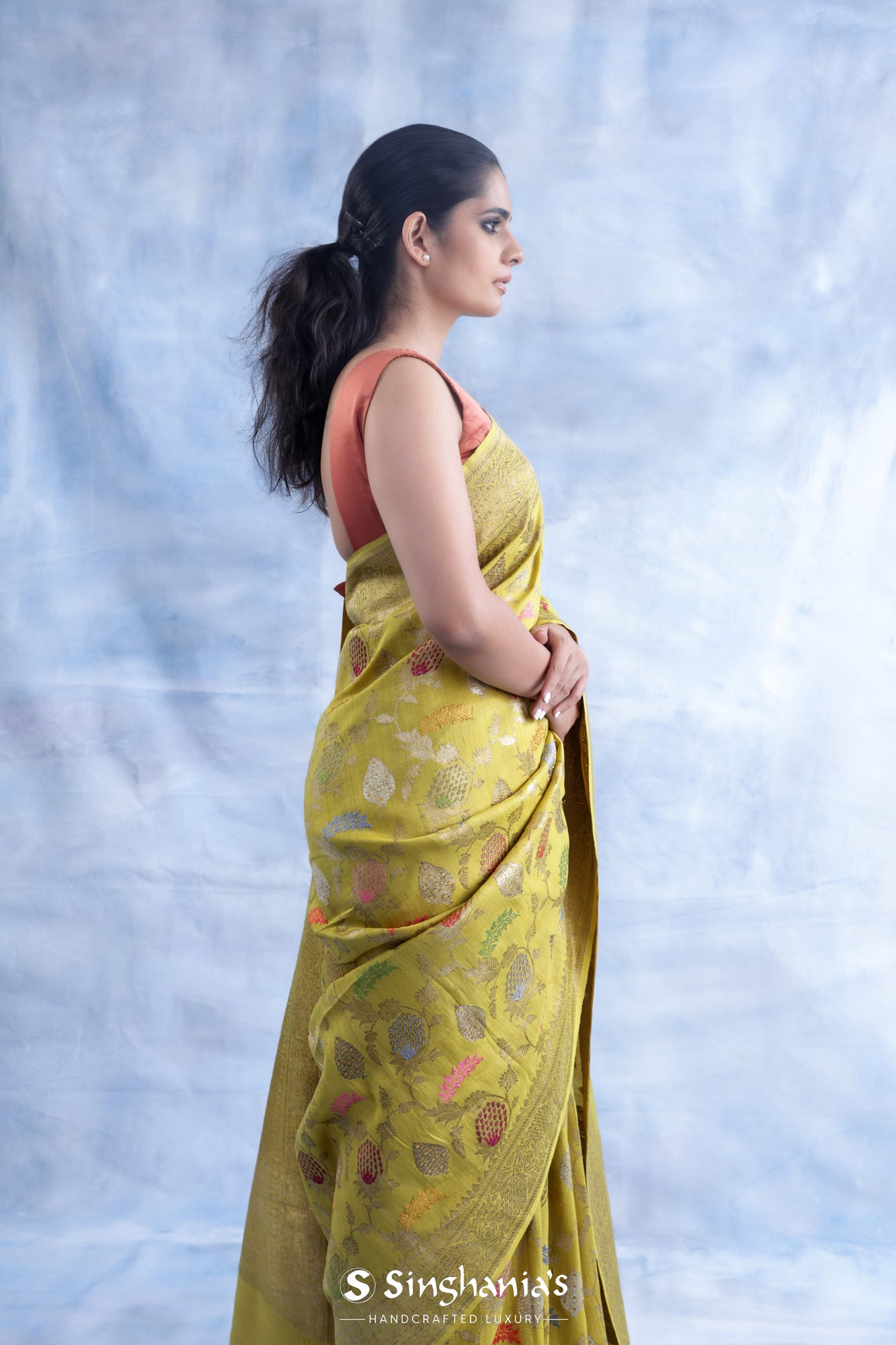 Sulfur Yellow Tussar Jamdhani Saree With Floral Jaal Weaving