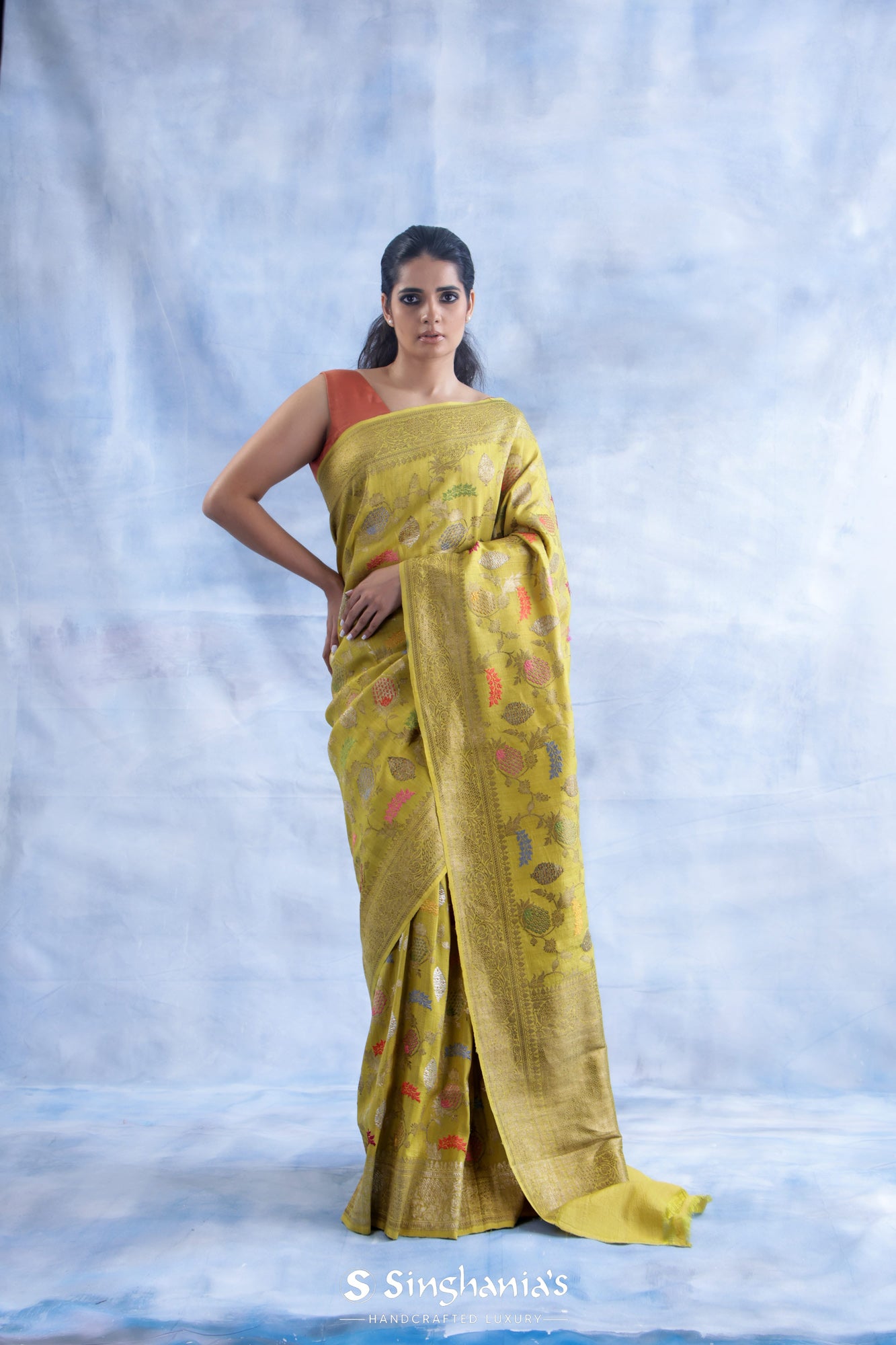 Sulfur Yellow Tussar Jamdhani Saree With Floral Jaal Weaving