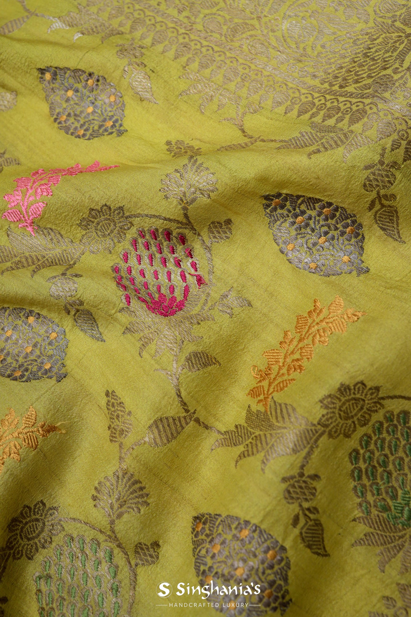 Sulfur Yellow Tussar Jamdhani Saree With Floral Jaal Weaving