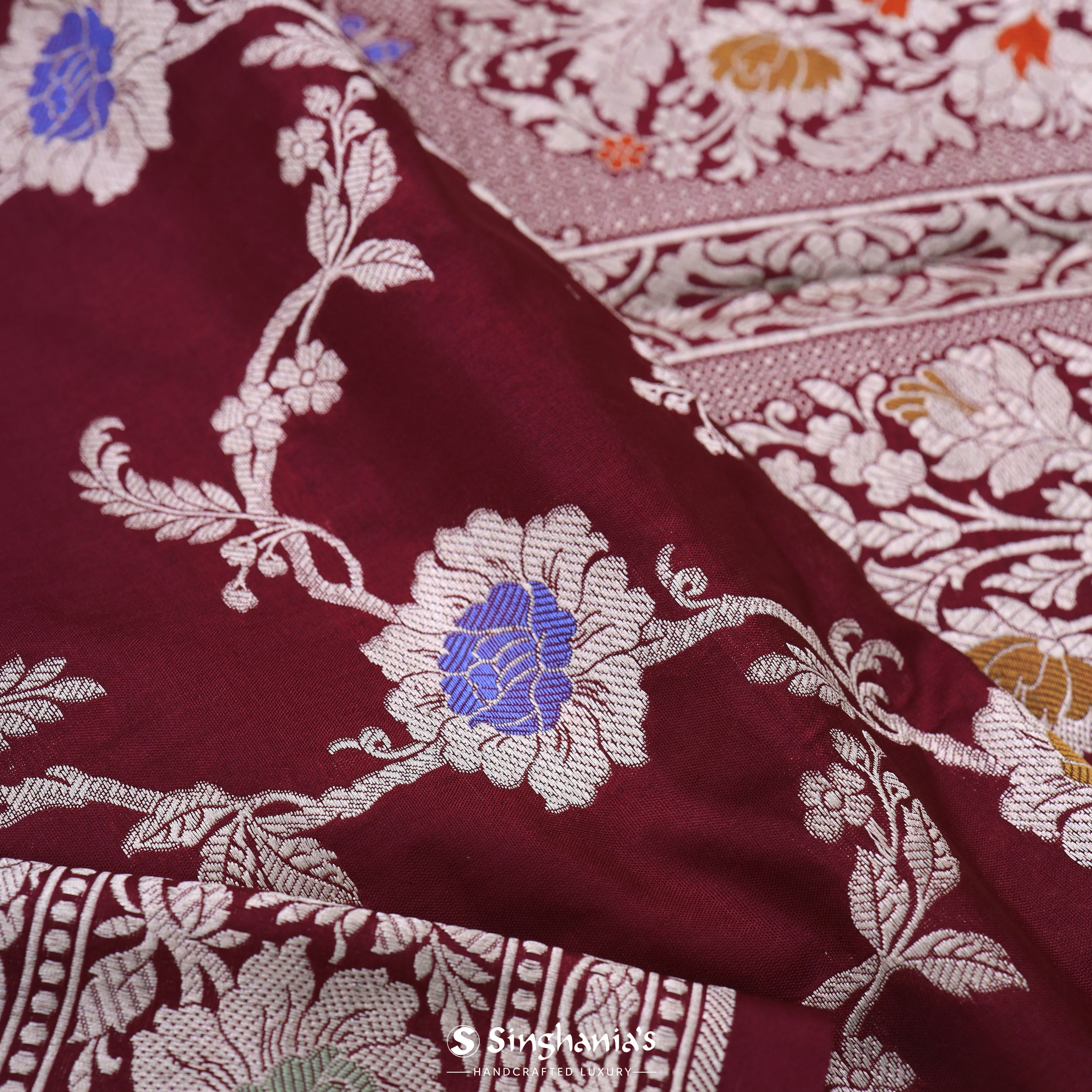 Mahogany Red Banarasi Silk Saree With Floral Jaal Pattern