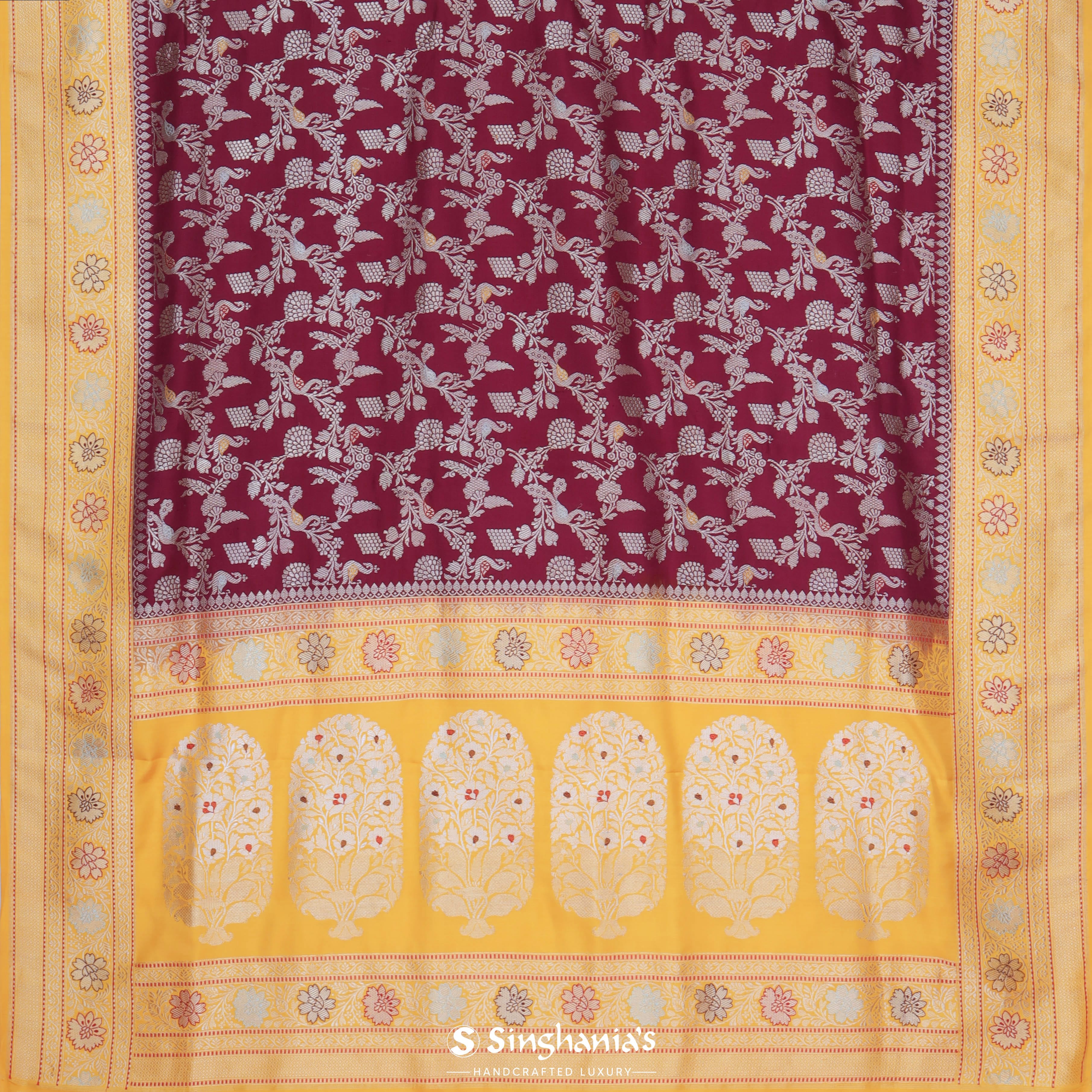 Burgundy Banarasi Silk Saree With Floral And Bird Motifs