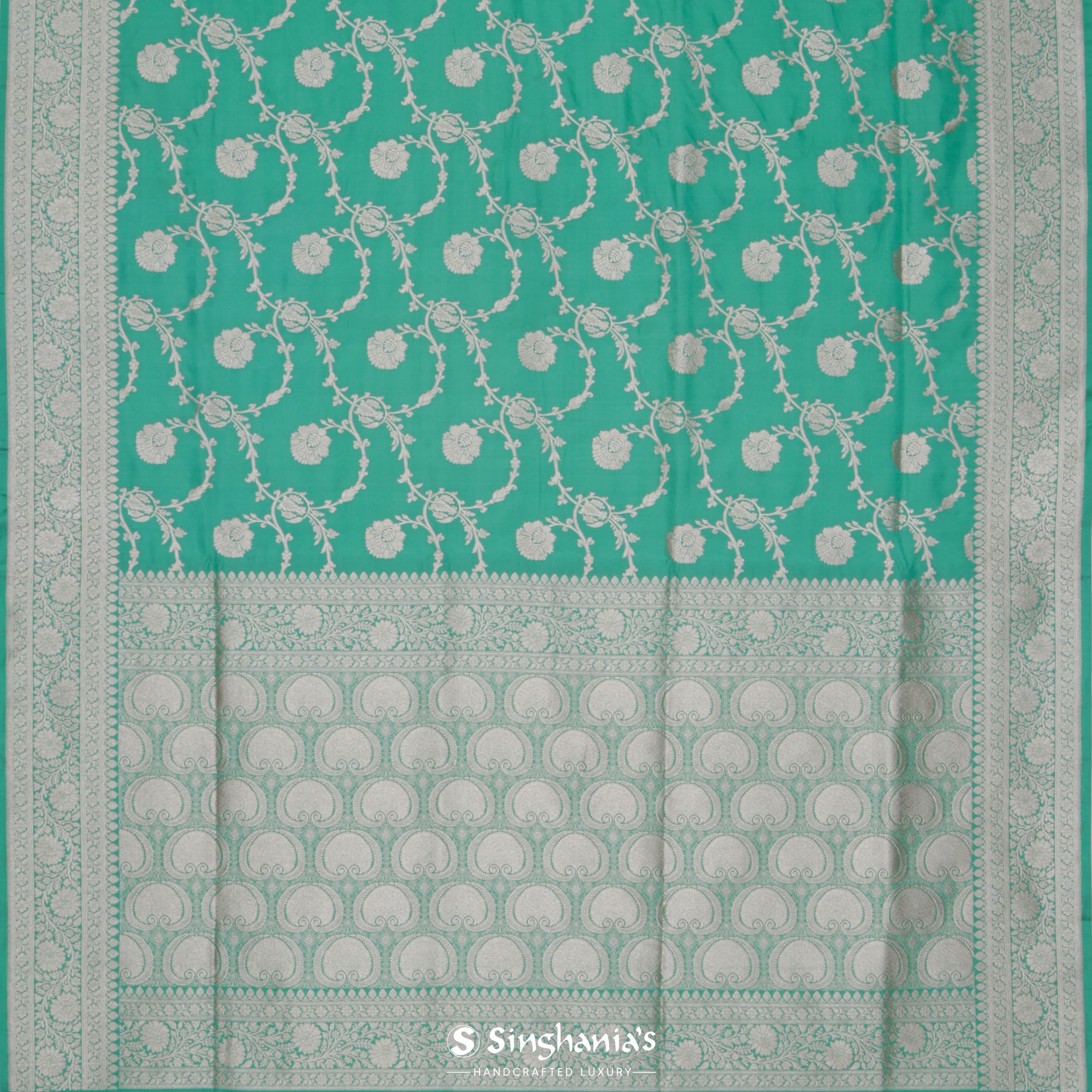 Paolo Veronese Green Banarasi Silk Saree With Floral Jaal Weaving