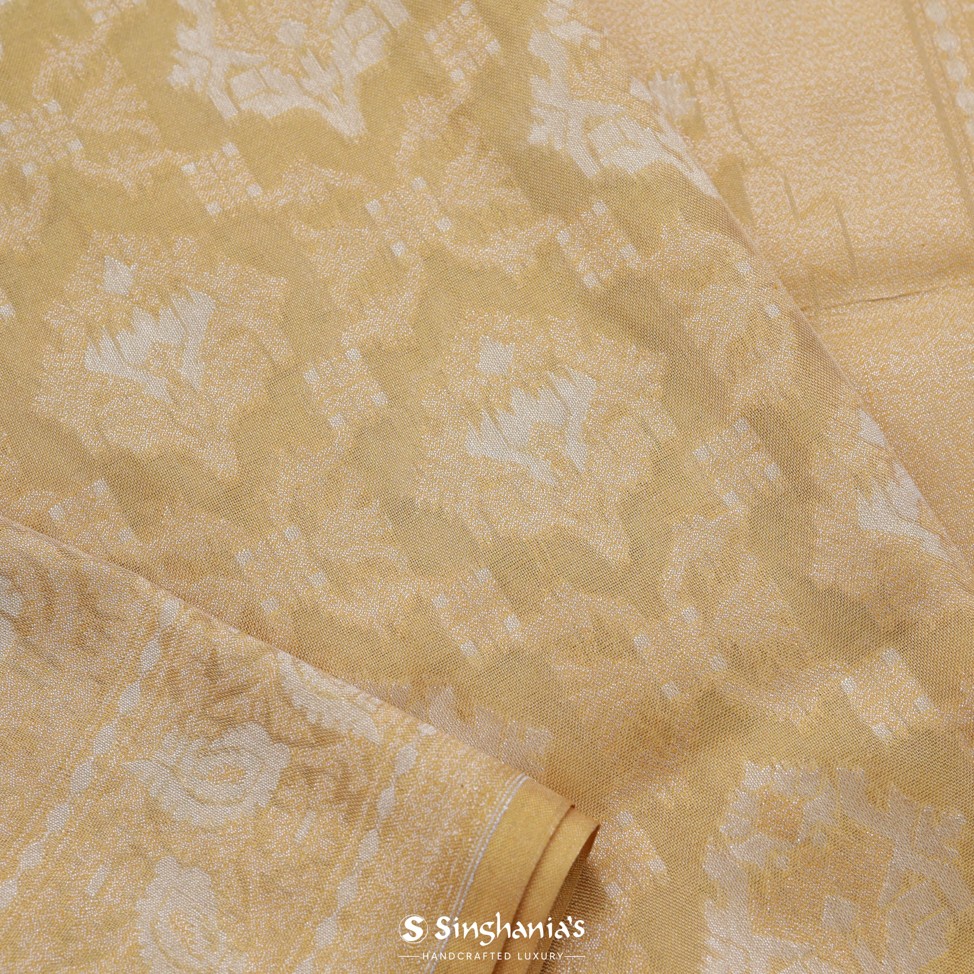 Creamy Corn Yellow Banarasi Tissue Saree With Floral Jaal Weaving