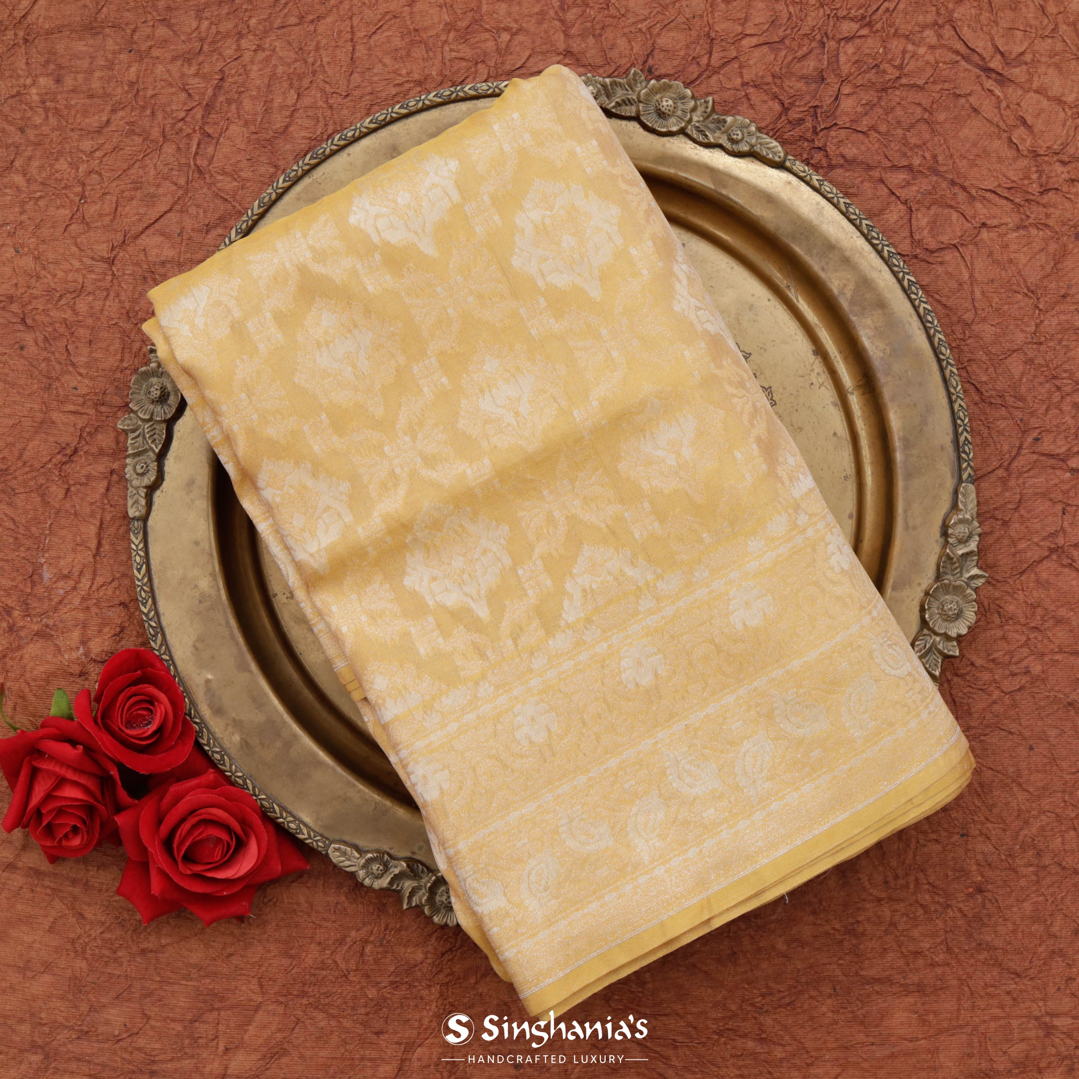 Creamy Corn Yellow Banarasi Tissue Saree With Floral Jaal Weaving