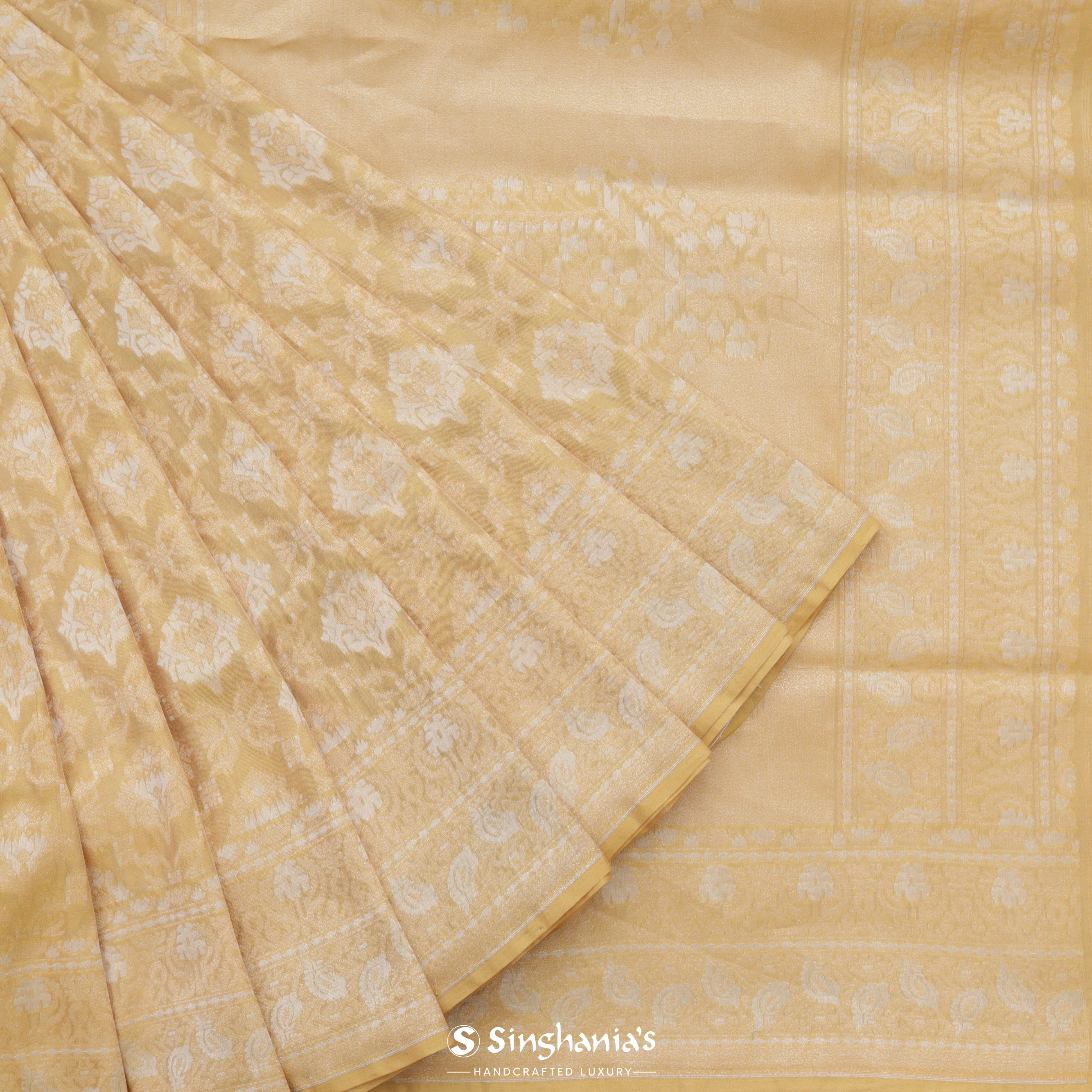 Creamy Corn Yellow Banarasi Tissue Saree With Floral Jaal Weaving